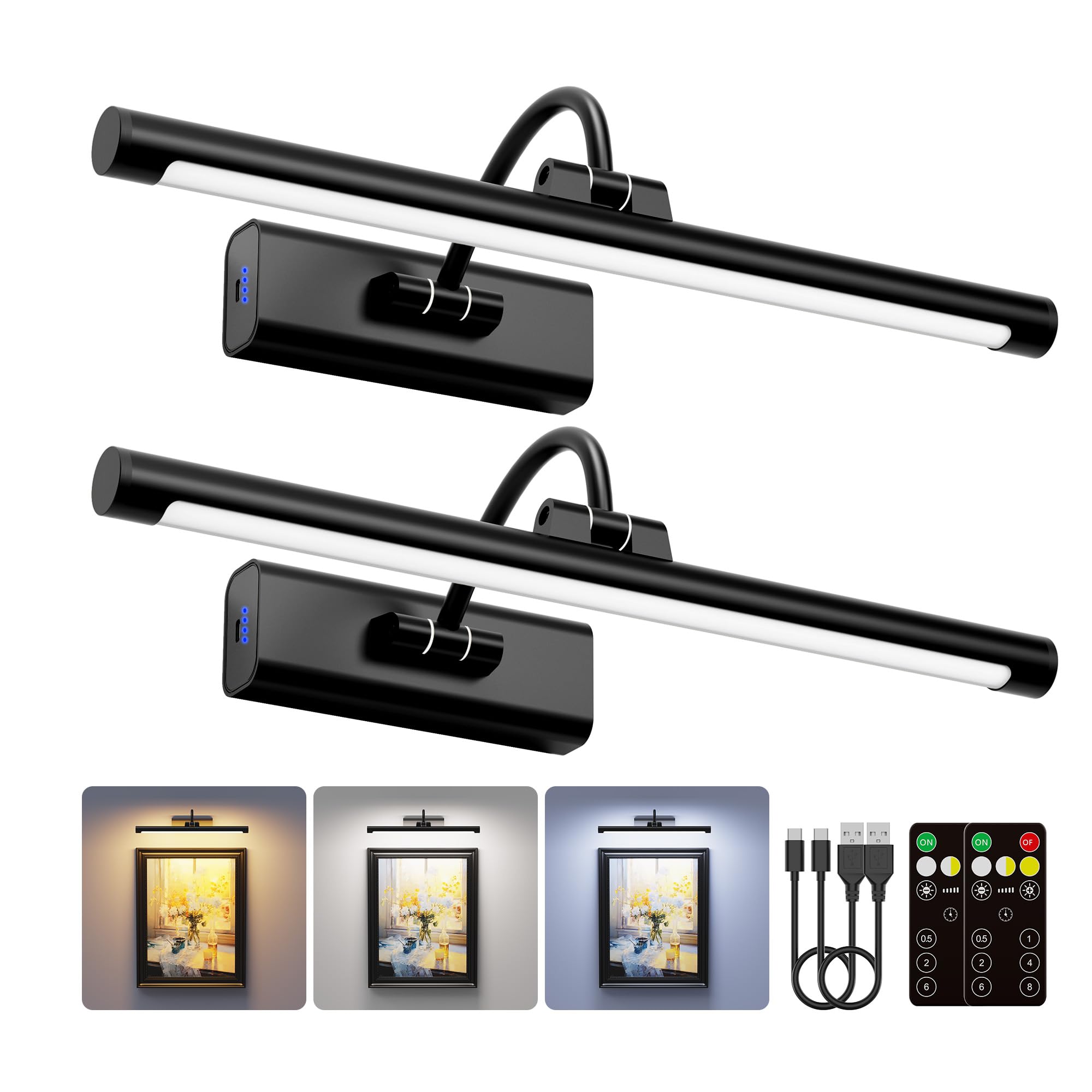 Craftersmark 2 Pack Picture Lights for Wall 6000mAh - 16 Black Cordless Battery Powered Wall Mount Sconce with Dimmable Remote for Gallery Wall & Art Decor