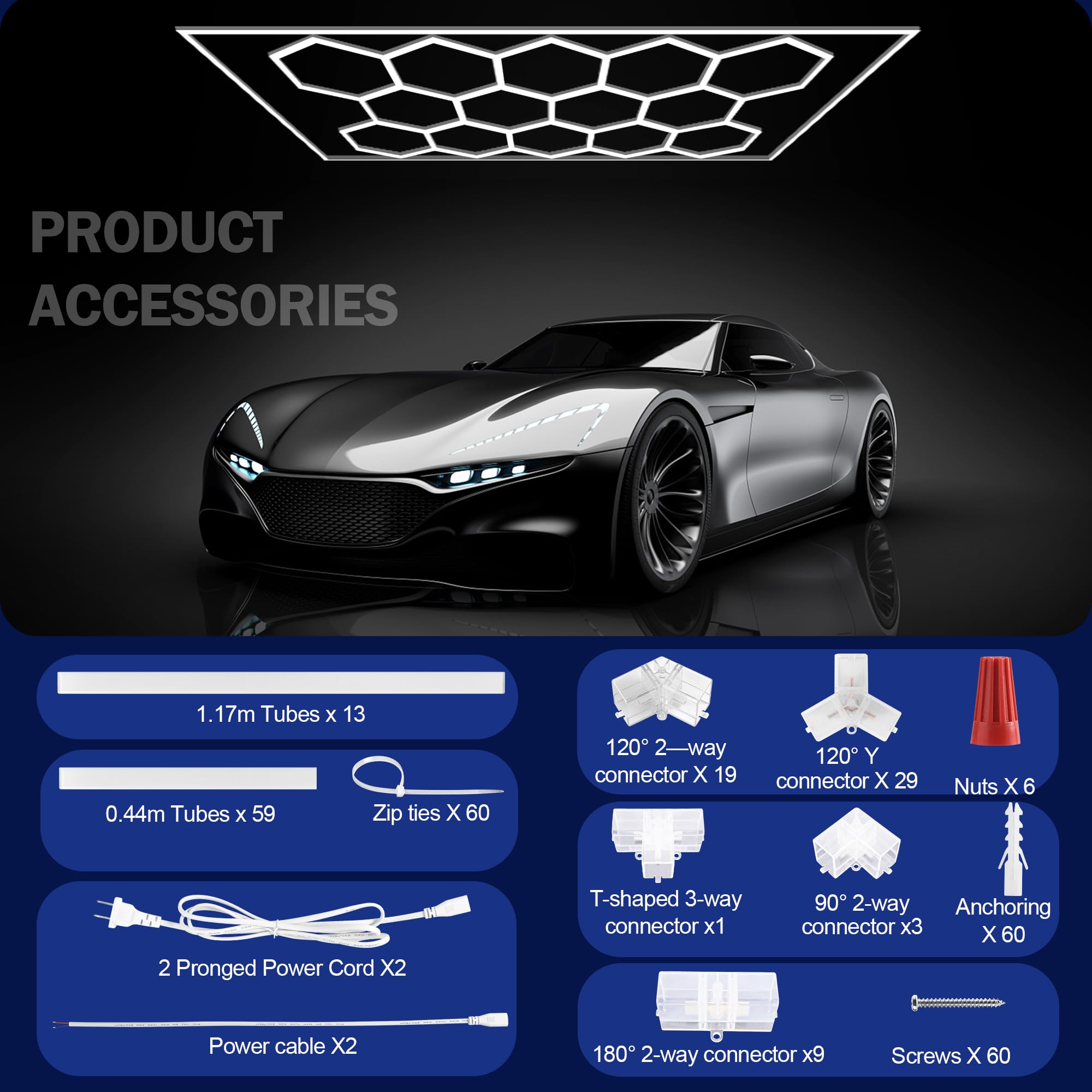 MODERN Hexagon Lights Garage 14 Grid Systems 86400LM 720W Polycarbonate White 190.2inL x 95.7inW x 1.4inH Model NEW-DK