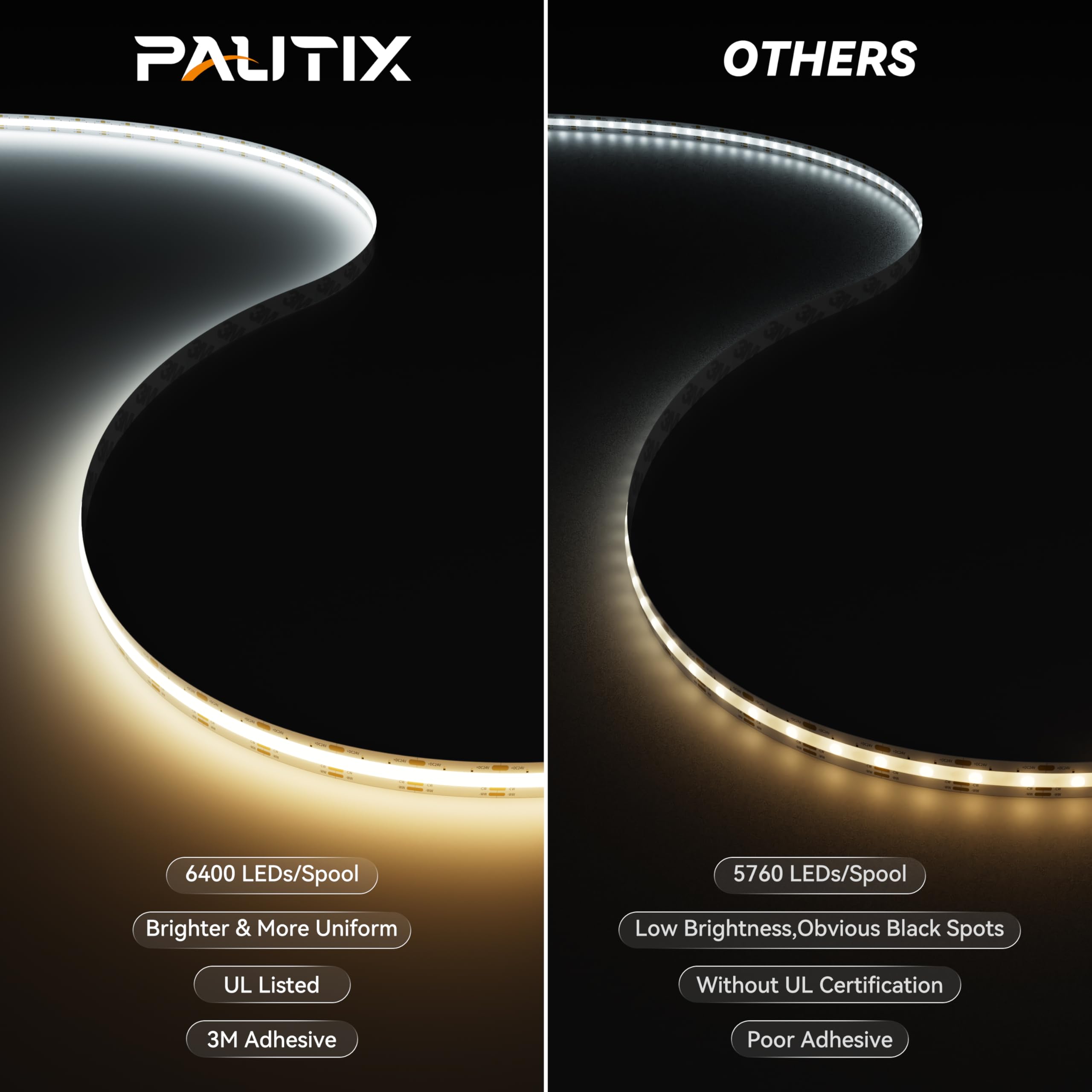 PAUTIX COB LED Strip Light 32.8ft Dimmable 2700K-6500K CRI90+ Model S640F010W24-COB-CCT-10