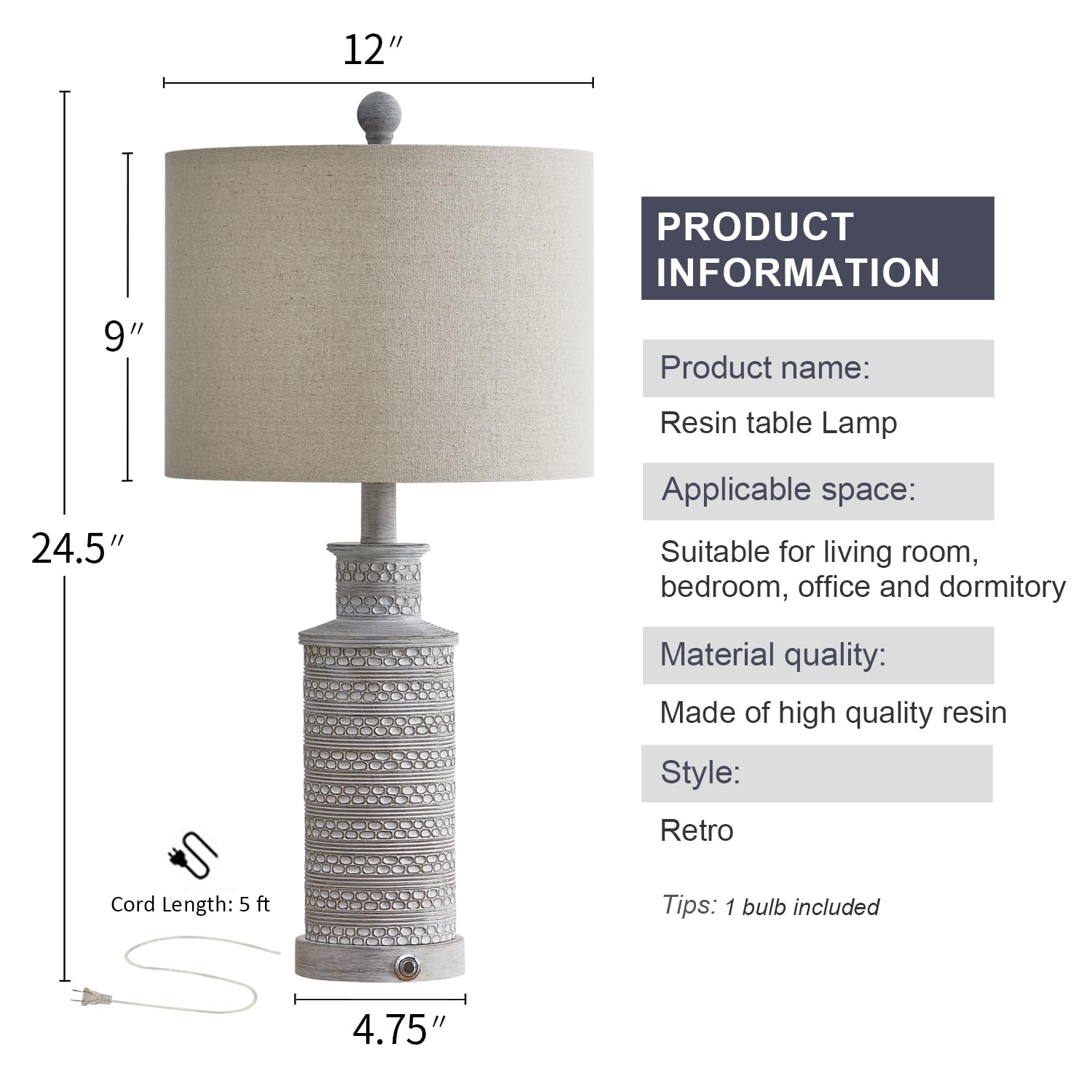 BOBOMOMO Touch Control Table Lamp - 3-Way Dimmable, Dual USB Ports, Vintage Rustic Design, Gray, Model AMZ-T1059FC-TU-1, 1