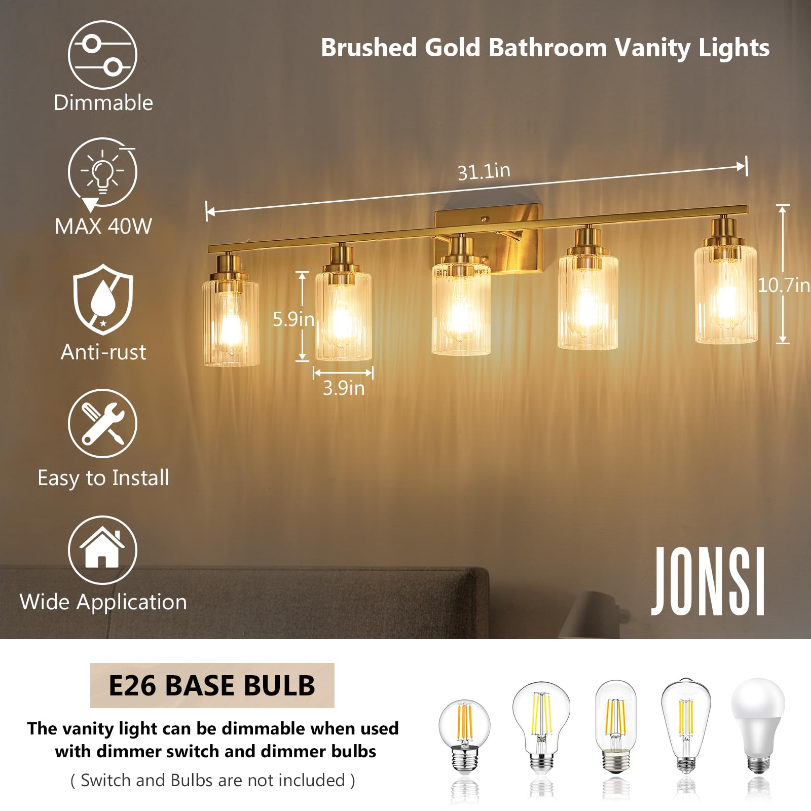 Jonsi 5-Light Brushed Gold Bathroom Vanity Light Fixture with Glass Shade, 40.2 Inch, E26 Wall Sconces for Bathroom and Hallway