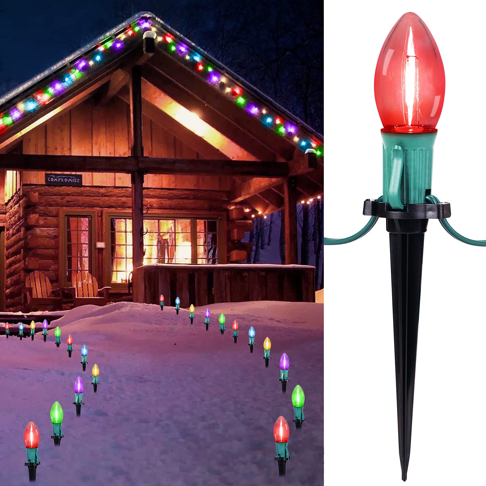 Brightown 2 Pack C9 Christmas String Lights Outdoor, Total 51.4 Feet 40 Bulbs Pathway Lights Waterproof Replaceable for Indoor X
