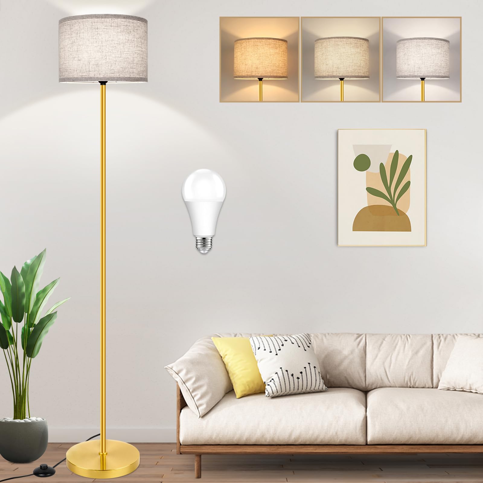 65? Gold Floor Lamp with 3-Color Temperatures LED Bulb, Modern Industrial Tall Lamp for Living Room, Minimalist Standing Lamp wi