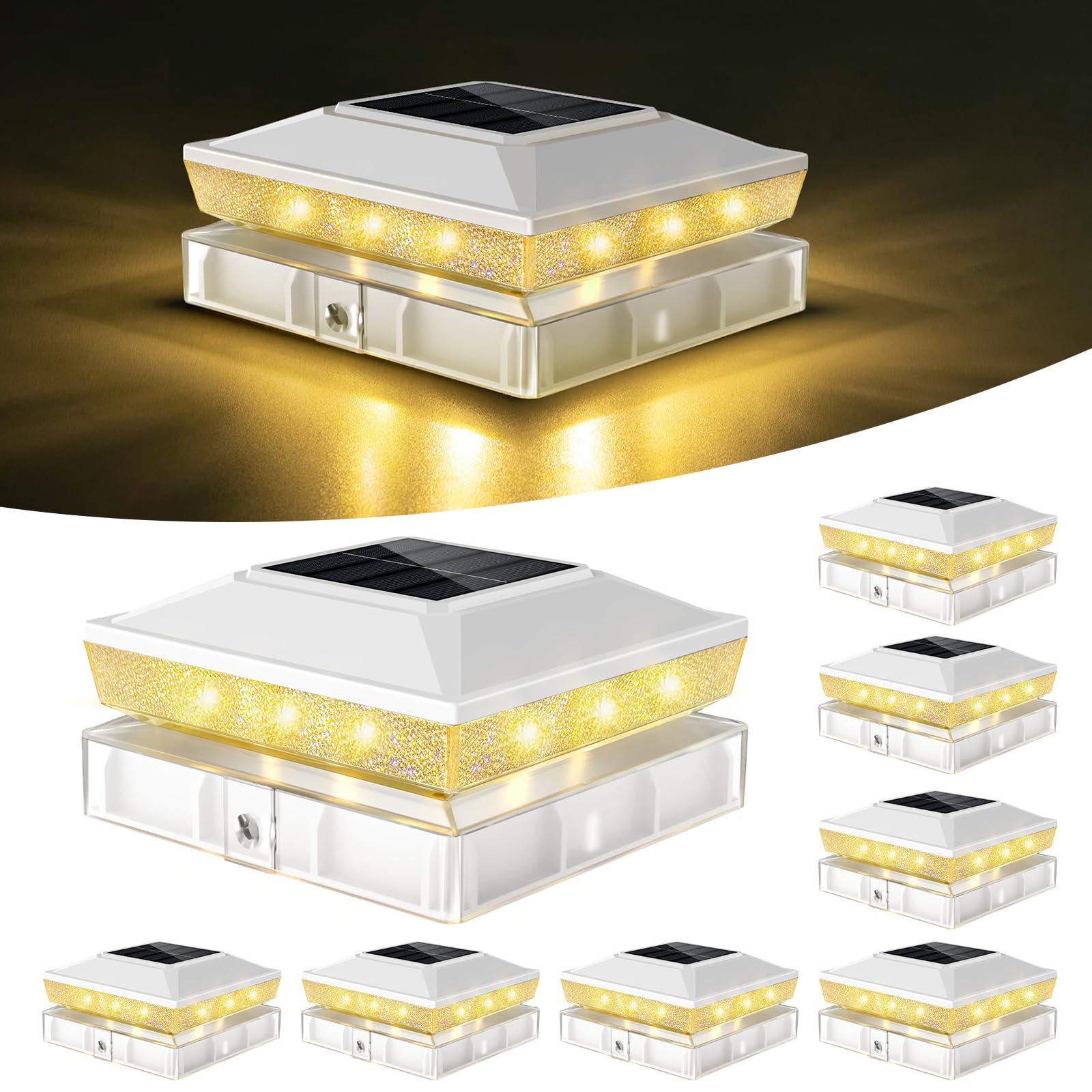 vighep 8Pack Solar Post Cap Lights, Fits 4x4 & 3.5x3.5 Vinyl & Wood Posts, 2 Lighting Modes (Warm/Cool White), Dusk to Dawn, Wat