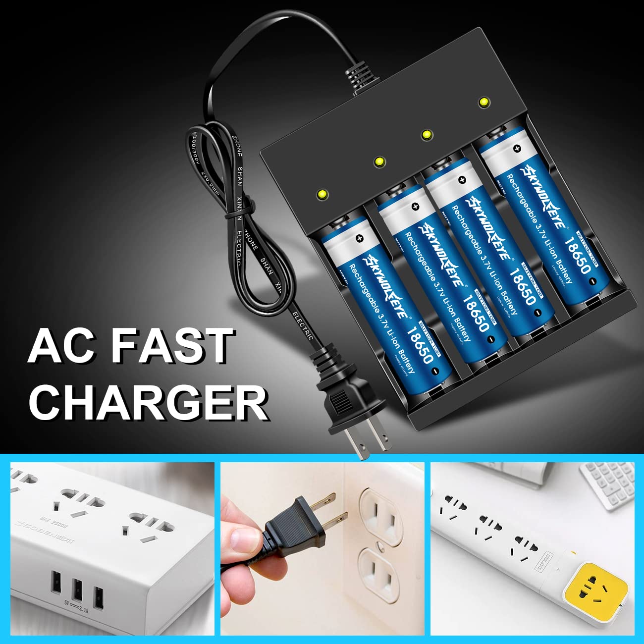 4 Pack 3.7 Volt Button Top Rechargeable Batteries And 18650 Battery Charger,Lithium Battery 4000Mah For Flashlights, Headlamps,