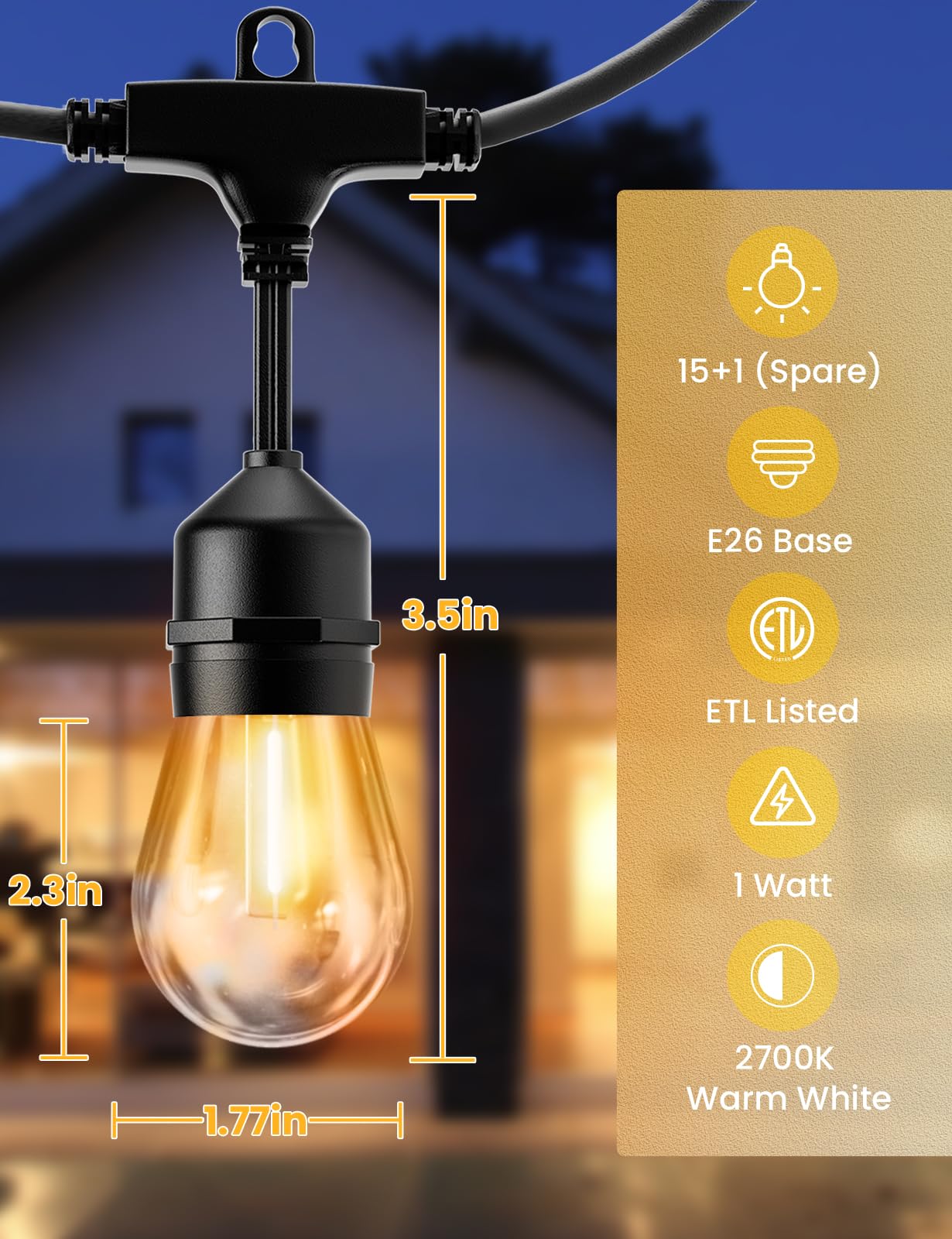 Svater Outdoor LED String Lights 75FT, Black, 26 Shatterproof Bulbs, IP65 Waterproof, Dimmable 2700K Warm White, Model ILE26-180752