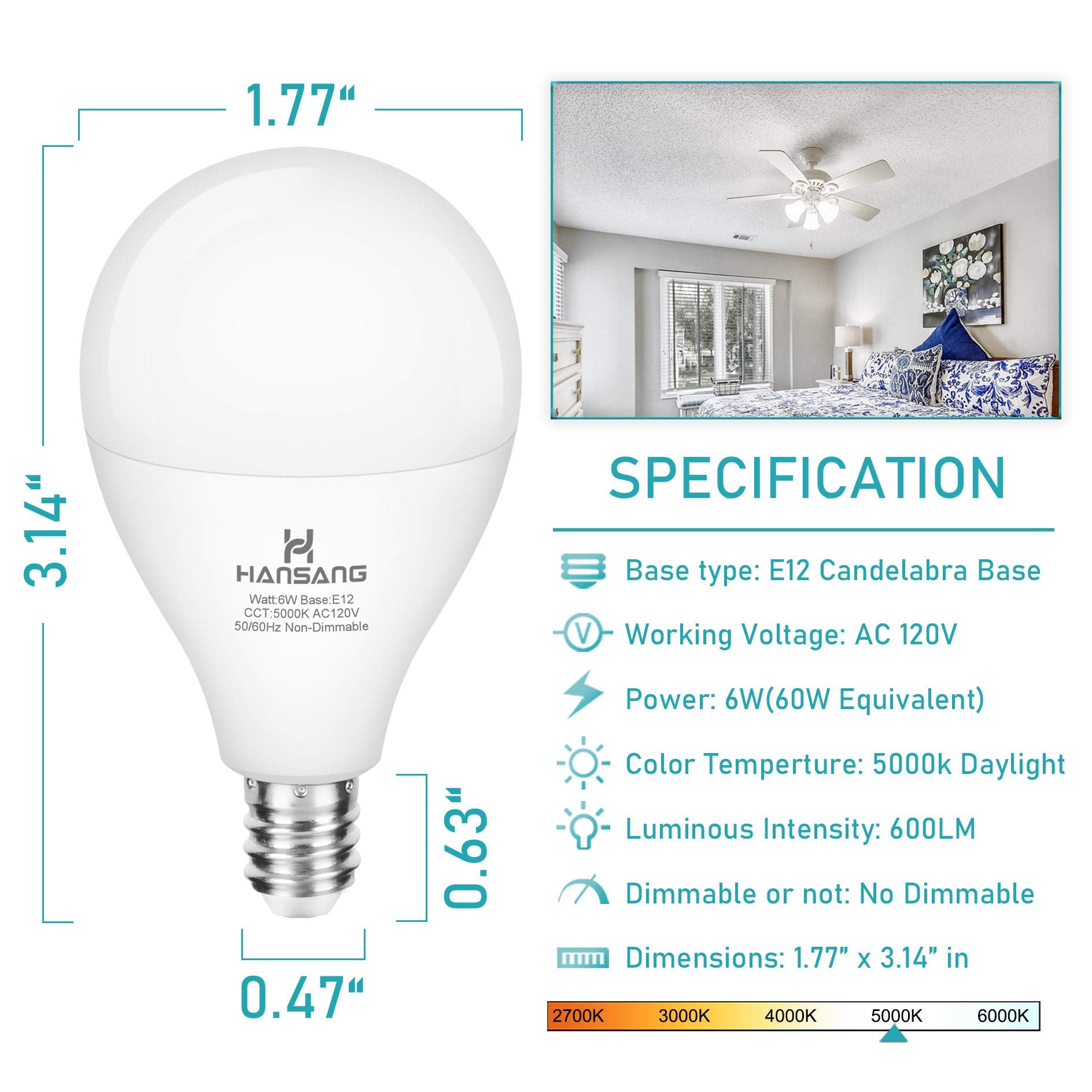 Hansang Led Ceiling Fan Light Bulb,E12 Base Led Candelabra Bulbs 60 Watt Equivalent 5000K Daylight A15 Led Light Bulbs Candelabr
