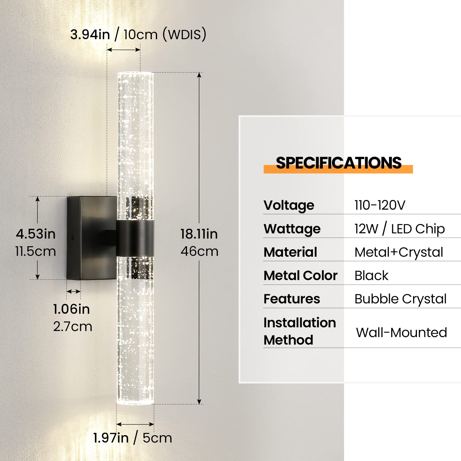 CCYCOL Black LED Wall Sconce Set of 2, 18 Inch Dimmable Crystal Lighting for Indoor Vanity, Model 8045WL-12BK-2P-US