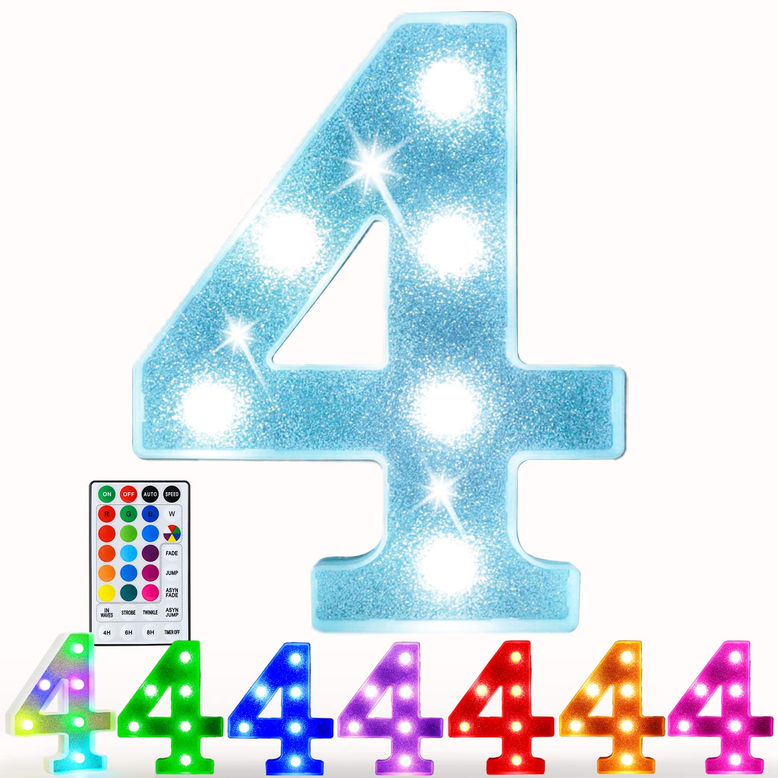 Pooqla Colorful Marquee Number 4 - RGB Light Up Decoration, Battery Powered, Glitter LED for Birthday, Wedding, Home, & Party