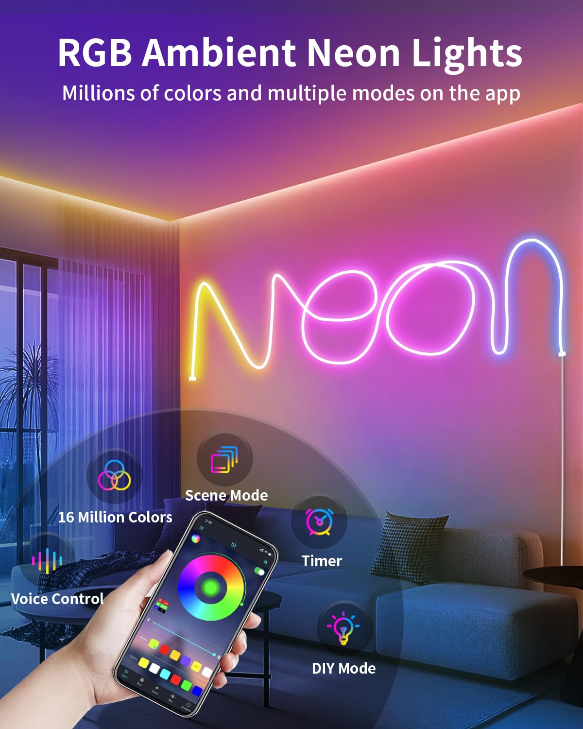 Odcolour 16.5Ft Neon Rope Rgb Lights, Ip68 Waterproof Flexible Neon Lights, Led Strip Lights For Bedroom, Room Decor For Christm