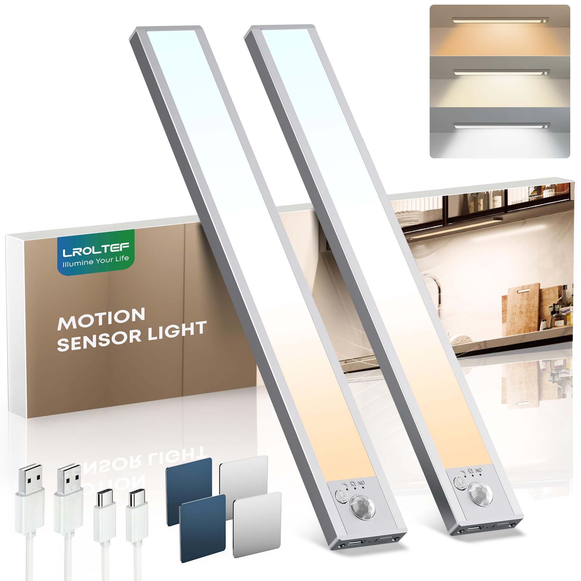 LROLTEF Under Cabinet Lights Wireless, 2 Pack 8.3 inch 1500mAh 3000K 4000K 6500K 3 Color Temps Dimmable Motion Sensor Light Indo