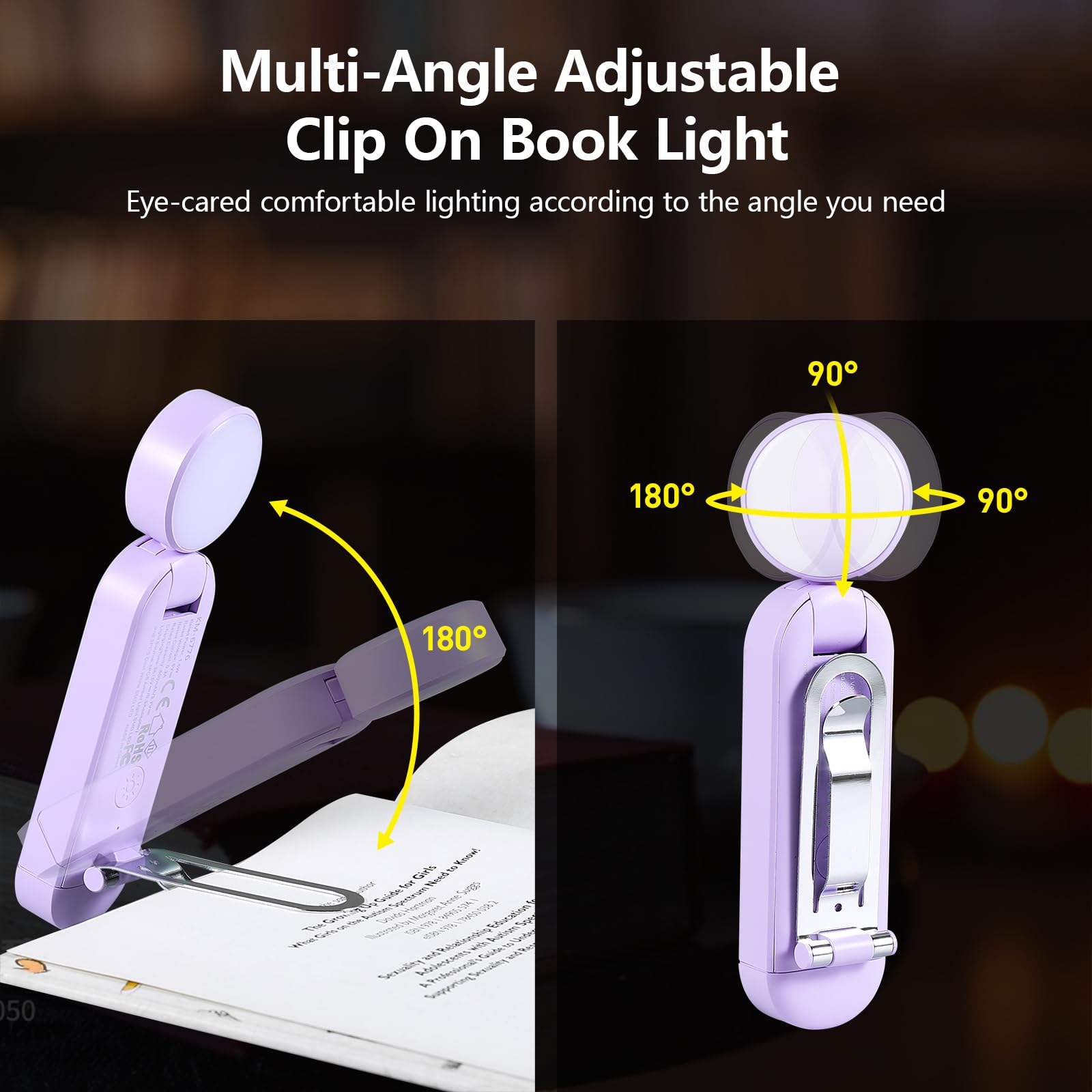 Vavofo Usb Rechargeable Book Light, Blue Light Blocking, Amber Light Clip On Bookmark Shaped Reading Light, Eye Care 6 Leds Book Light For Bookworms Reading In Bed With 9 Lighting Modes (Purple)