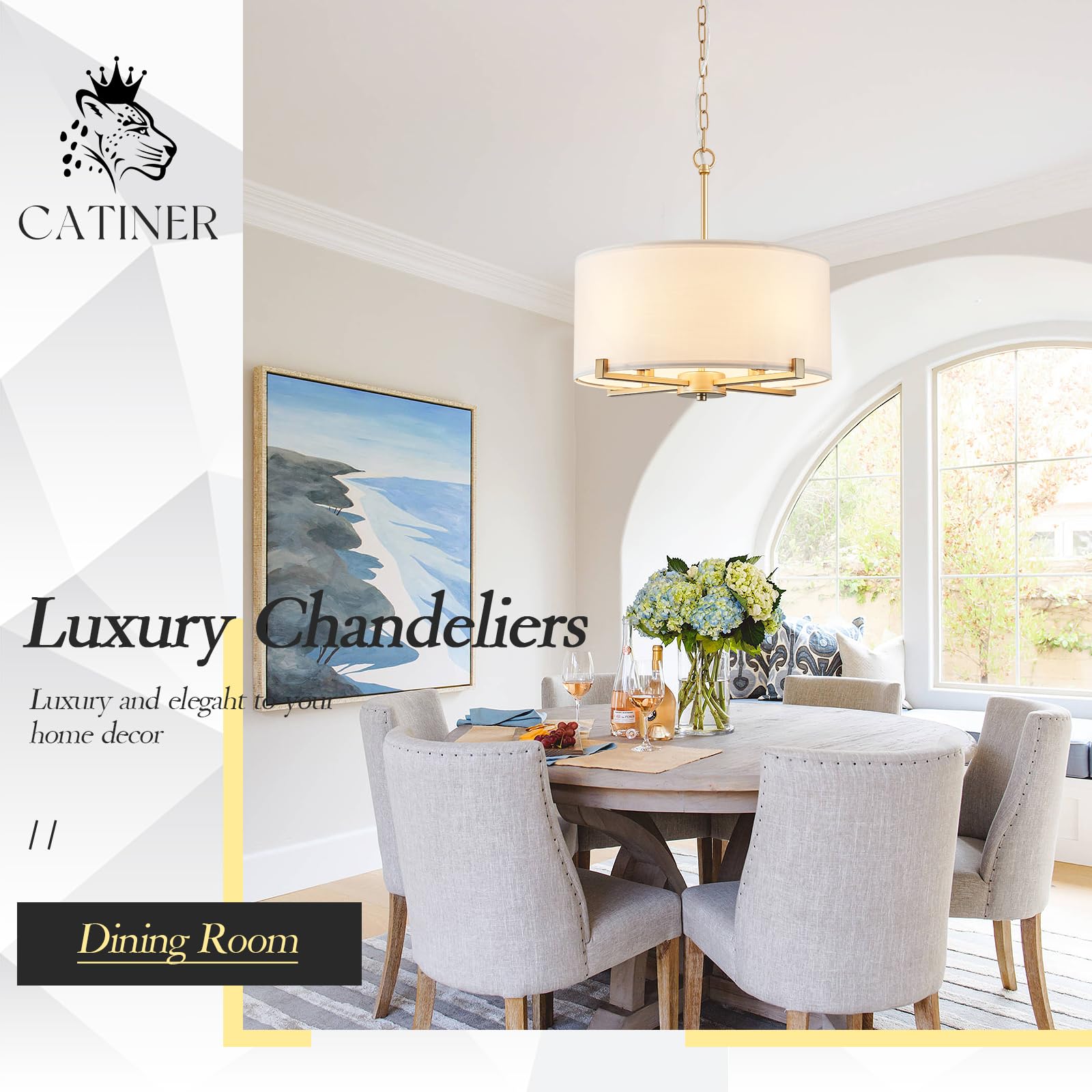 CATINER Modern Drum Chandelier, 18” White & Gold Pendant Light, 4 Lights, Fabric Shade, Semi Flush Mount for Dining Room & Bedroom