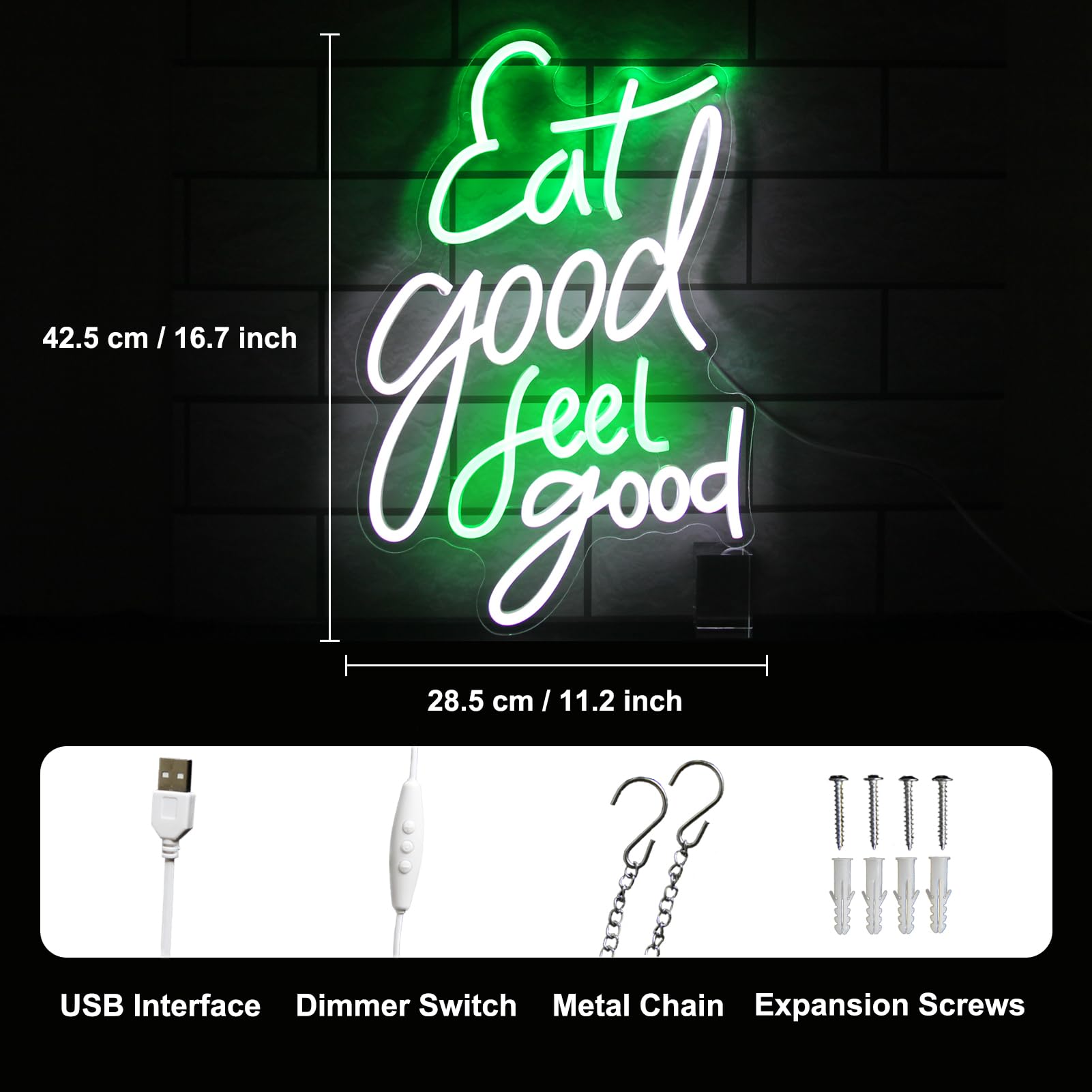 Eat Good Feel Good Neon Sign Green White Letter Led Neon Light Sign Food Neon Signs For Wall Decor Health Led Sign Dimmable Light Up Signs For Restaurant Kitchen Snack Shop Party Decor