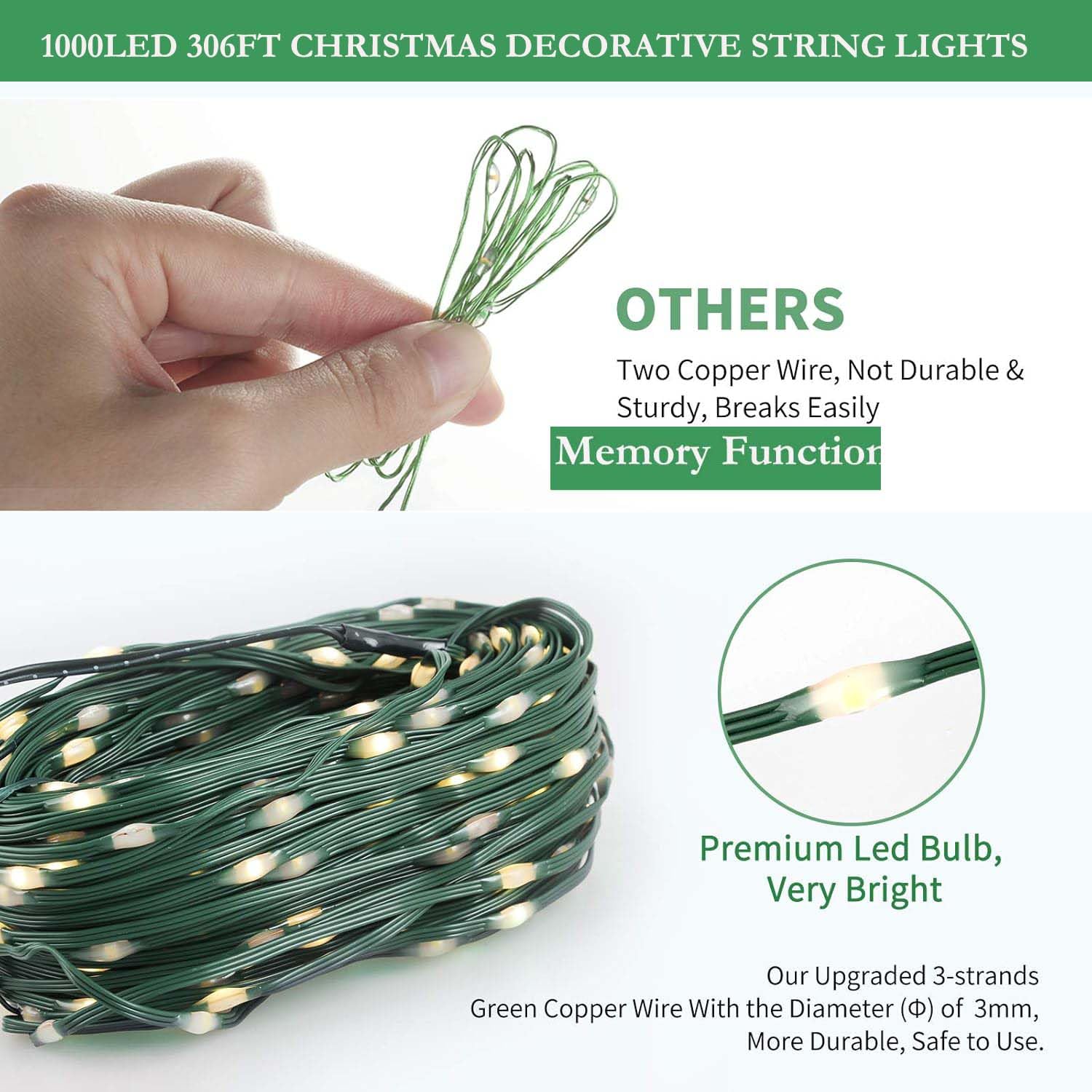 Tcamp 306Ft 1000 Led Red Christmas Lights  8 Modes Christmas Tree Lights With Timer Memory Function  Green Wire Starry Fairy String Light For Xmas Tree Outdoor Indoor Decor
