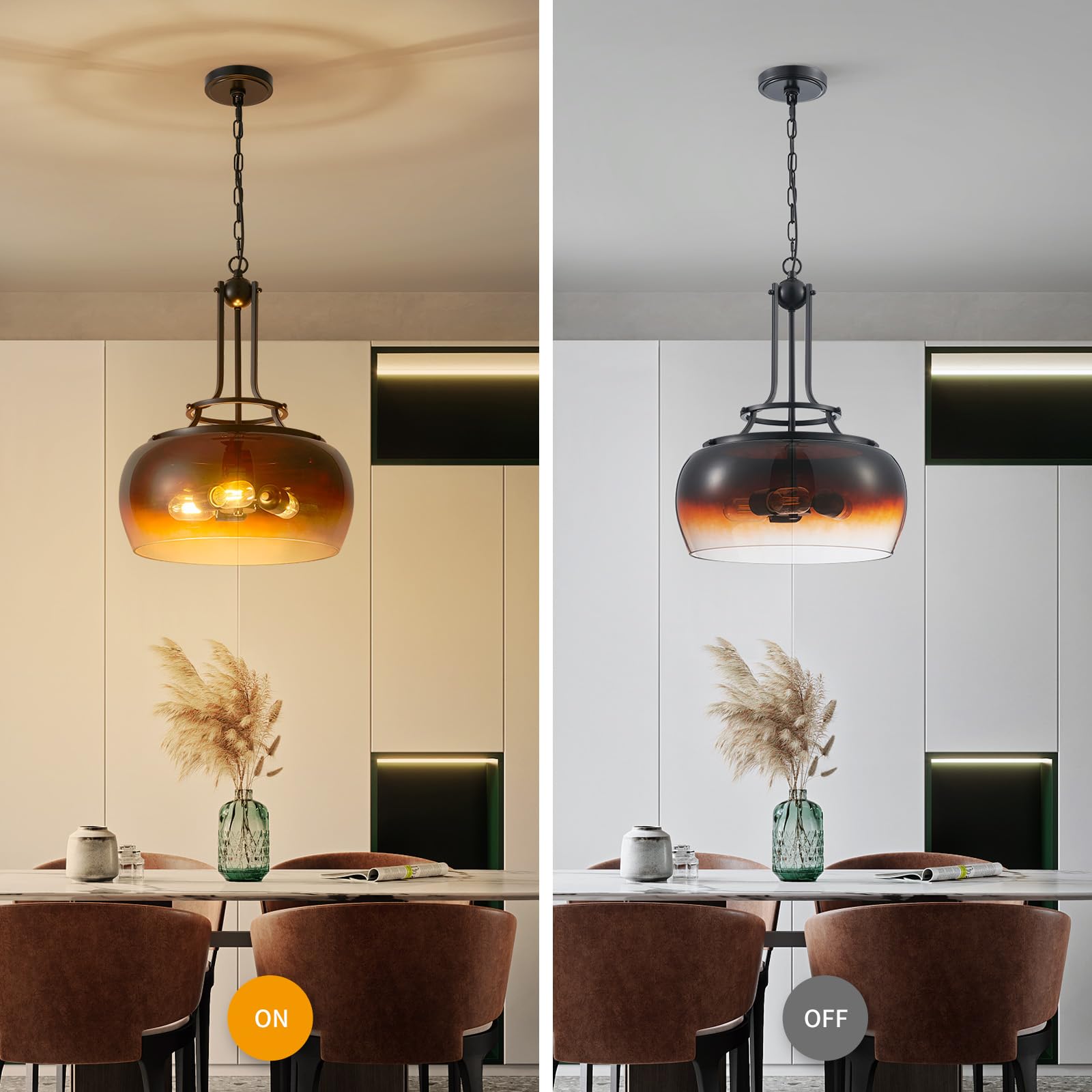 WUZUPS Chandelier Pendant Light Fixture, 3-Light, Amber Gradient Black Glass Shade, H 20.9in W 15.9in, Model USHD30308CO