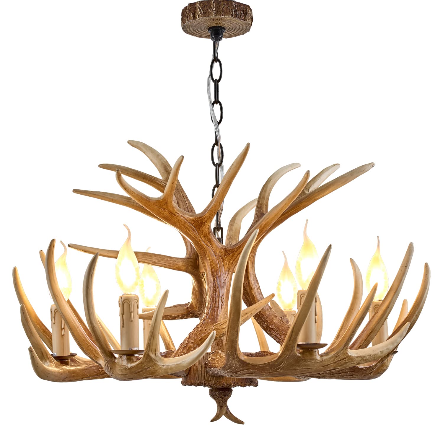 Hubrin Antler Chandelier 6 Light Rustic Style Resin Light Fixture, Brown with White, 6 Lamp Arms + 3 Arms