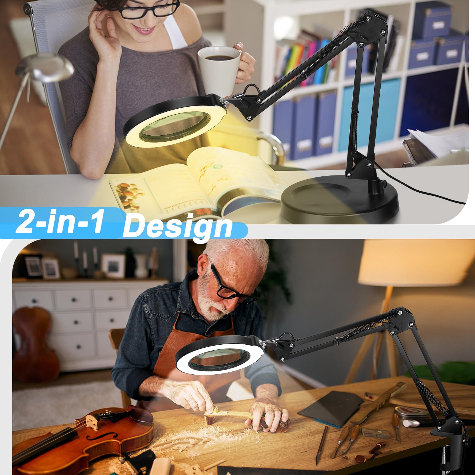 Coyeth 10X Magnifying Glass With Light And Stand, 5 Color Modes Stepless Dimmable 2-In-1 Lighted Magnifier With Clamp, Led Desk