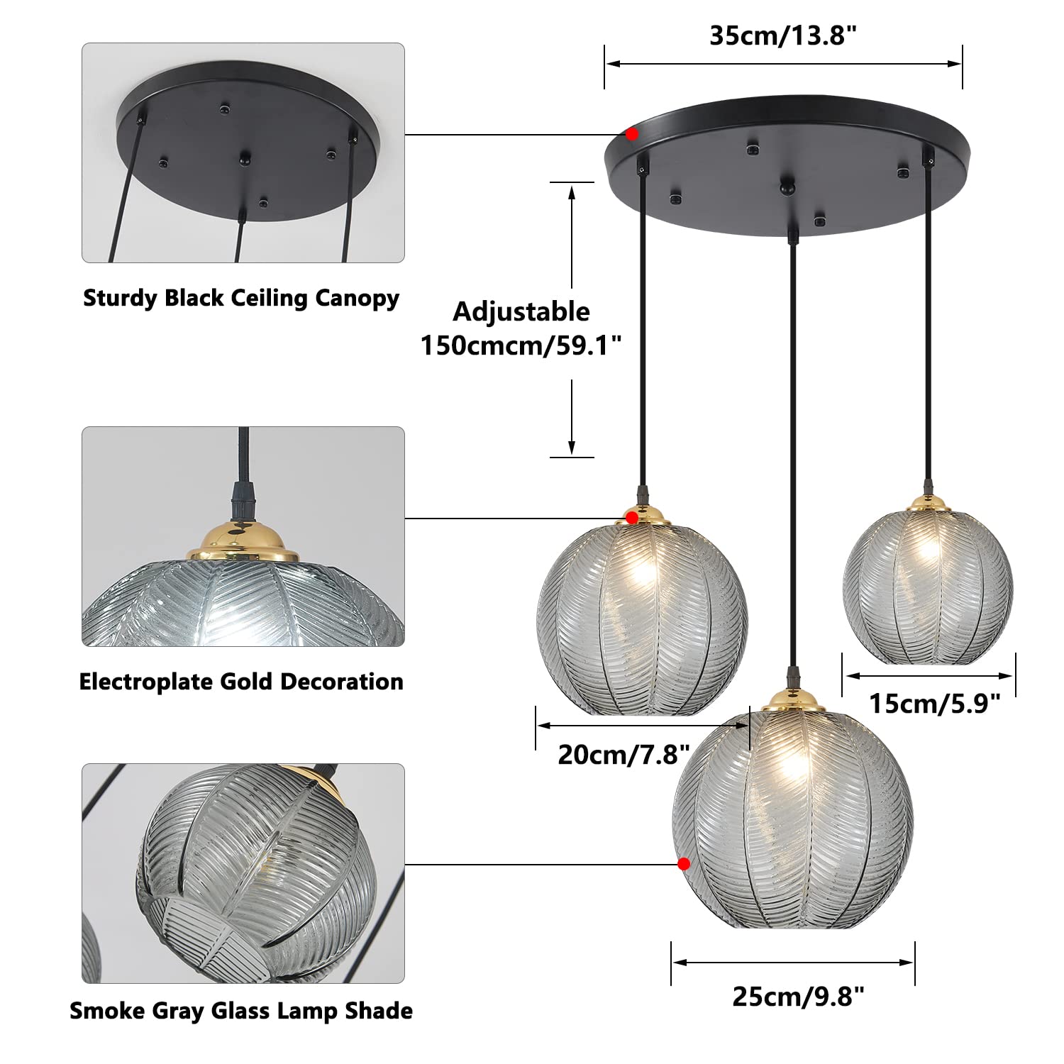 KCO Lighting 3-Light Pendant Light Smoke Gray Glass Black Metal Mid-Century Modern Chandelier Model L1135