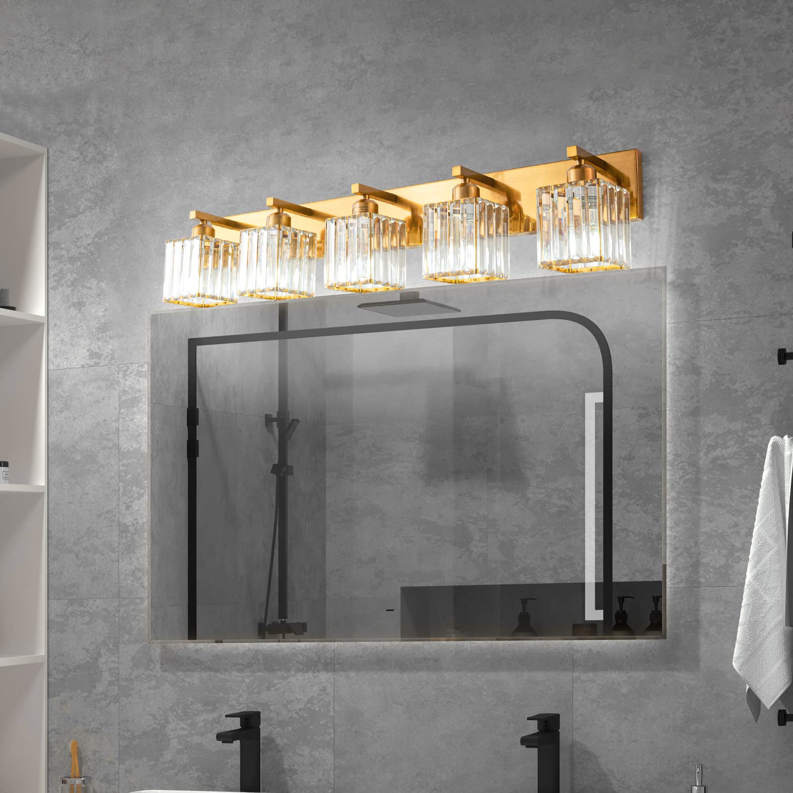 FDPBY Modern Wall Light, 5-Light Crystal Vanity Fixture, Gold Brushed Brass Finish, Model JW-002