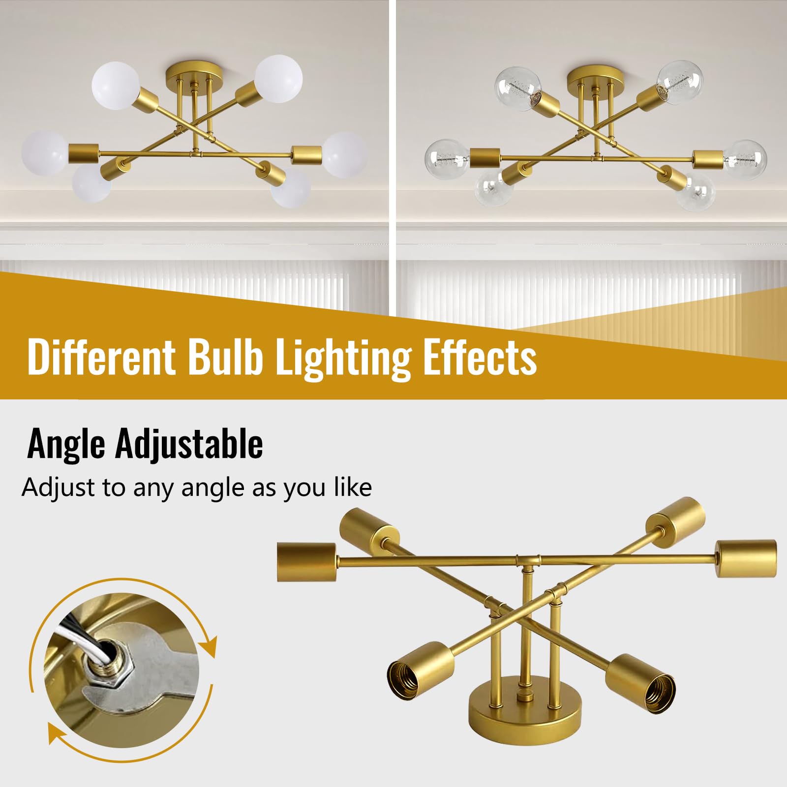 Maichixin 6-Light Ceiling Light Fixture, Modern Gold Sputnik Chandelier, Semi Flush Mount for Living Room