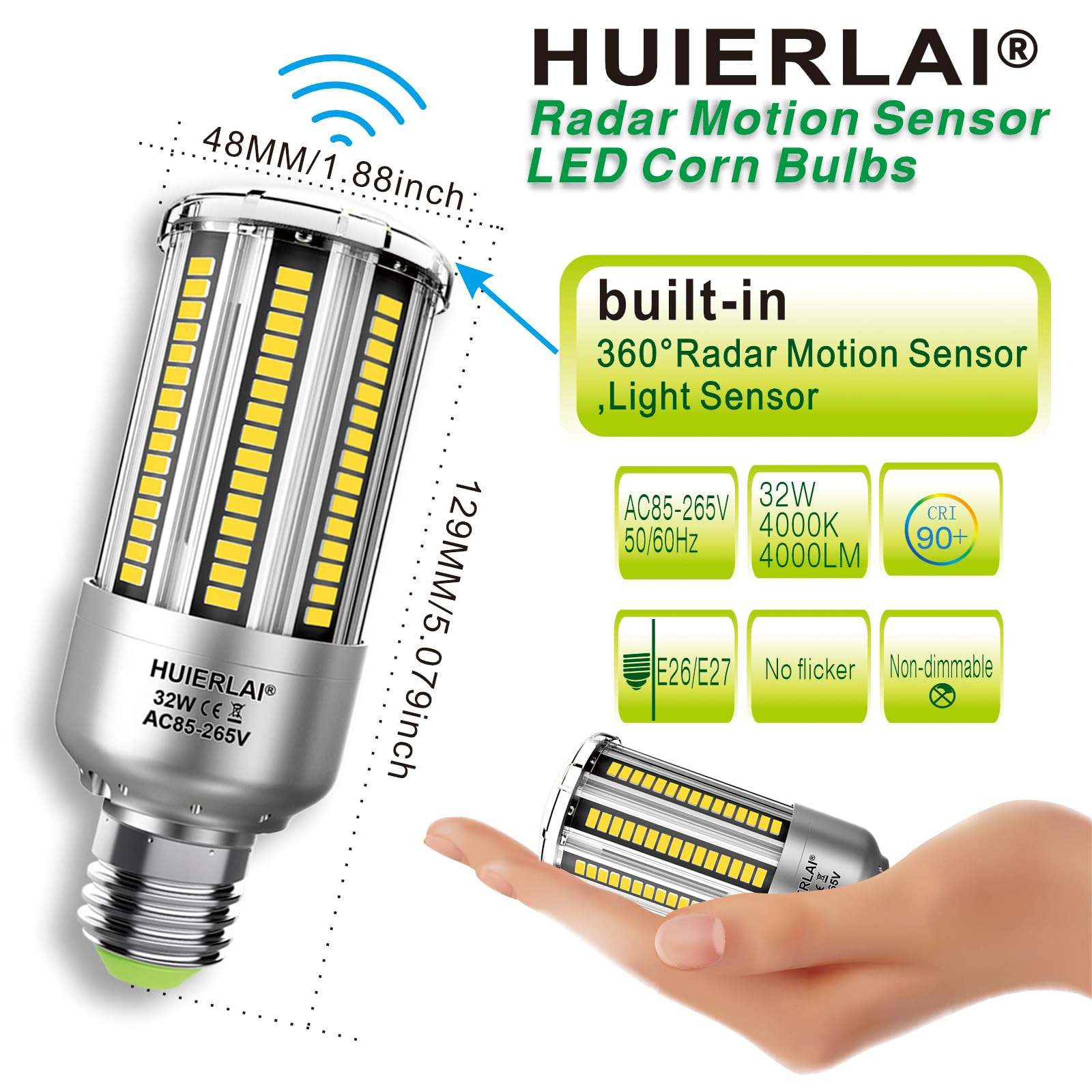 A19 Radar Motion Sensor Led Light Bulbs, E26 32W Cool White 4000K 4000Lm (300W Equivalent) Auto Motion Smart Activated Dusk To D