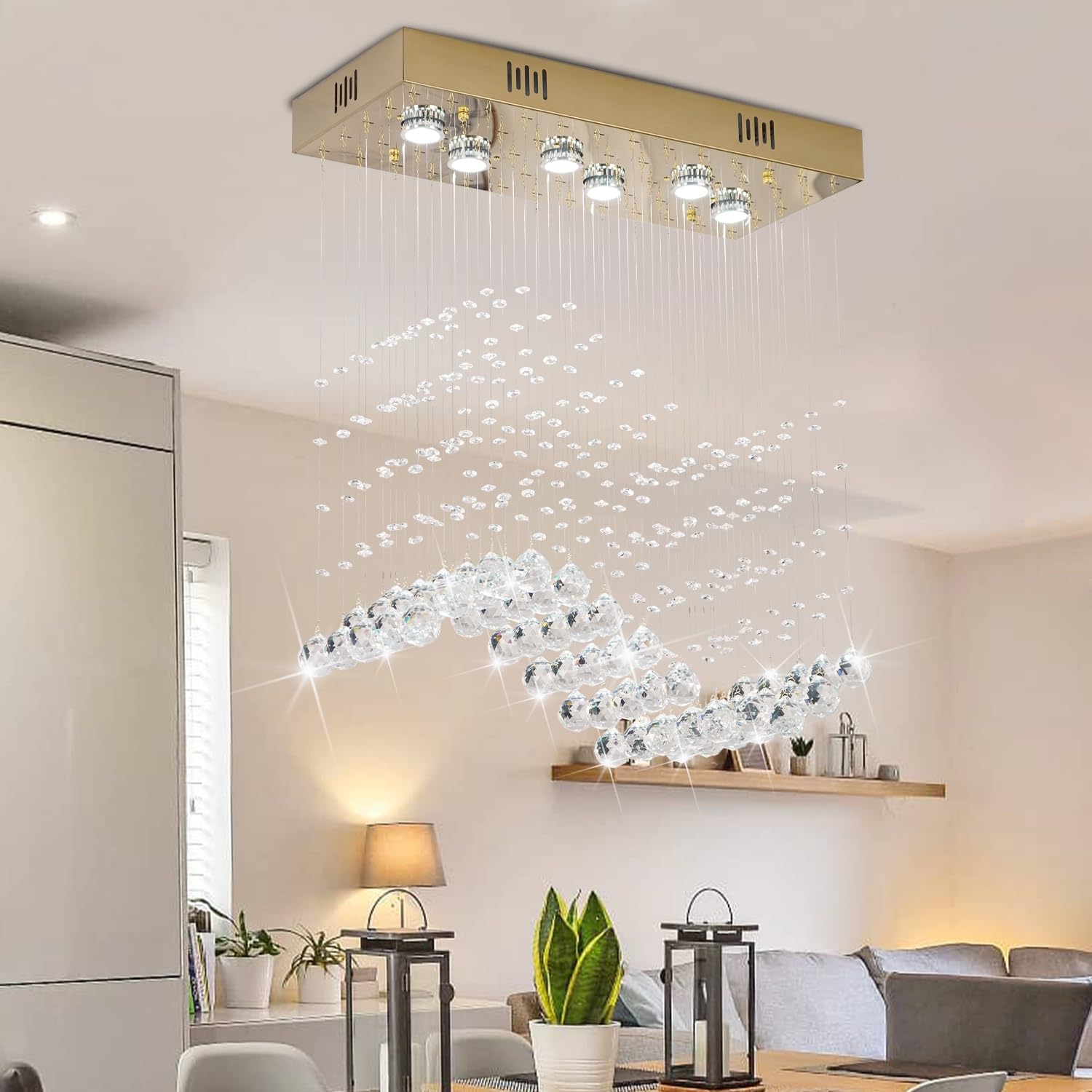 Crystop Modern Gold Wave Rectangular Chandelier For Dining Room Over Table, 6-Lights Raindrop Elegant Ceiling Light Fixture For