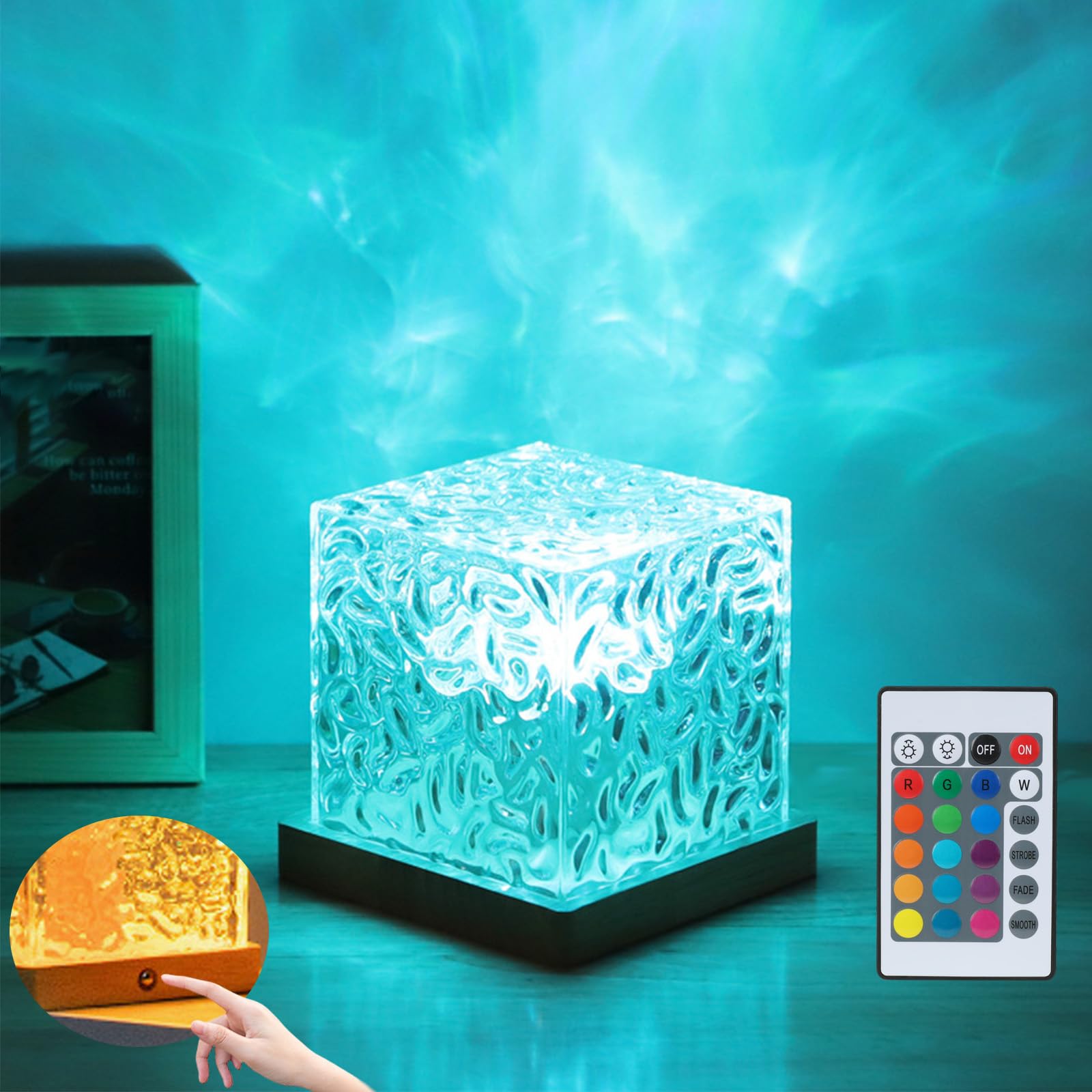 Aurora Ocean Wave Lights Projector, Cordless Rechargeable,16 Colors Changing Light Dimmable Mood Lighting, Remote Crystal Night 