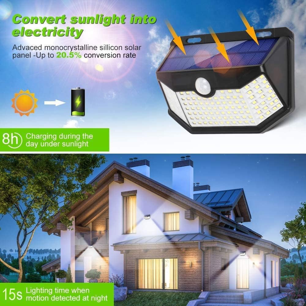 HMCITY Solar Lights Outdoor 120 LED, Motion Sensor, IP65 Waterproof, 2Pack, Black Shell-Daylight White, Model HM-2