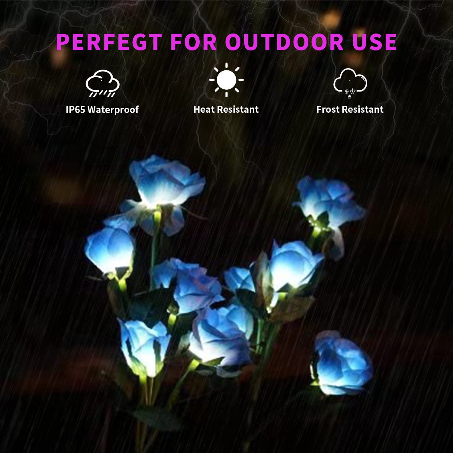 Decorman Solar Garden Rose Lights - 2 Pack, Waterproof LED, Stainless Steel, Blue, Model SRL-001