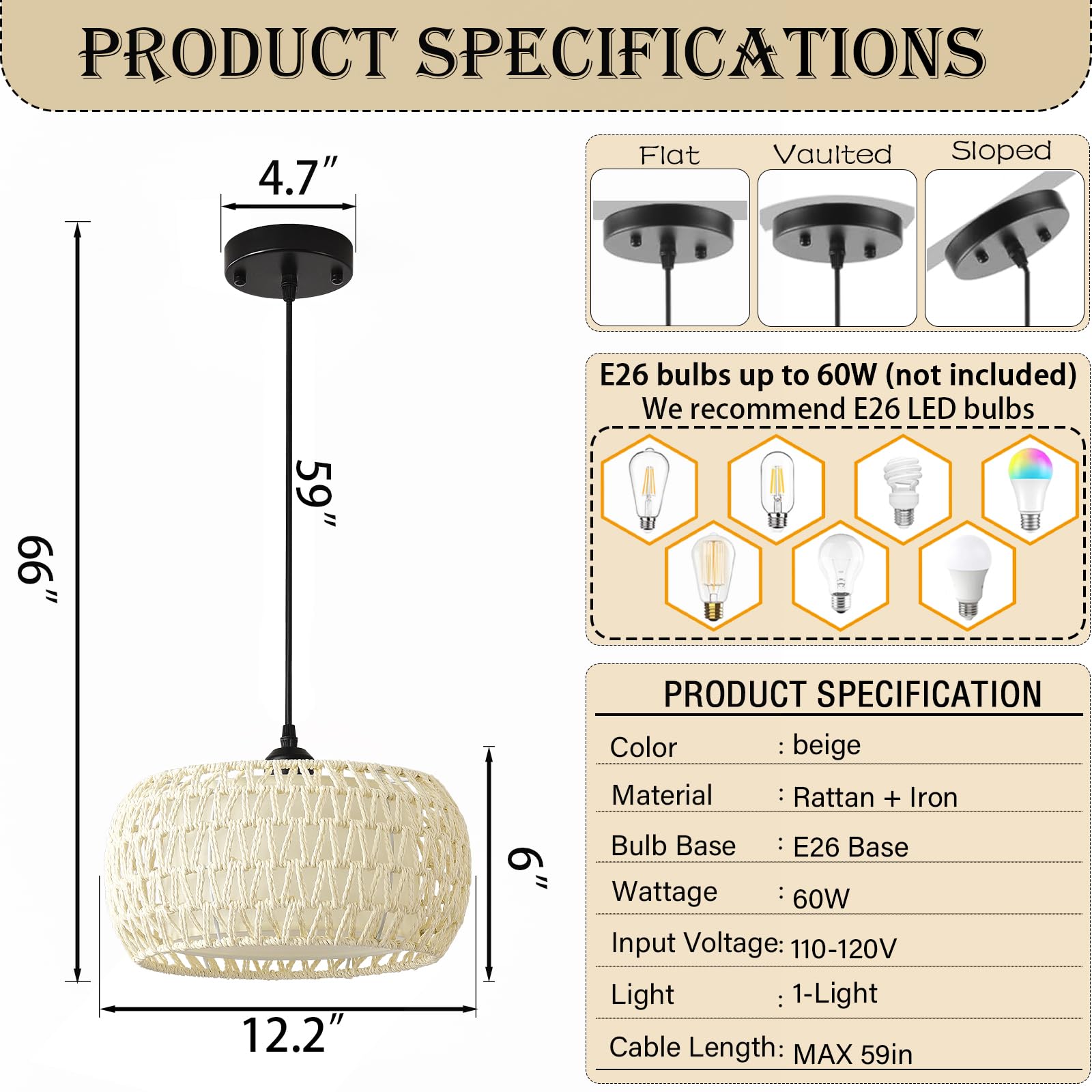 JTYP Boho Rattan Chandelier Light Fixture, 1-Light Pendant, Metal/Rattan, Beige Curved Edge, Model LJ-MCL-JS