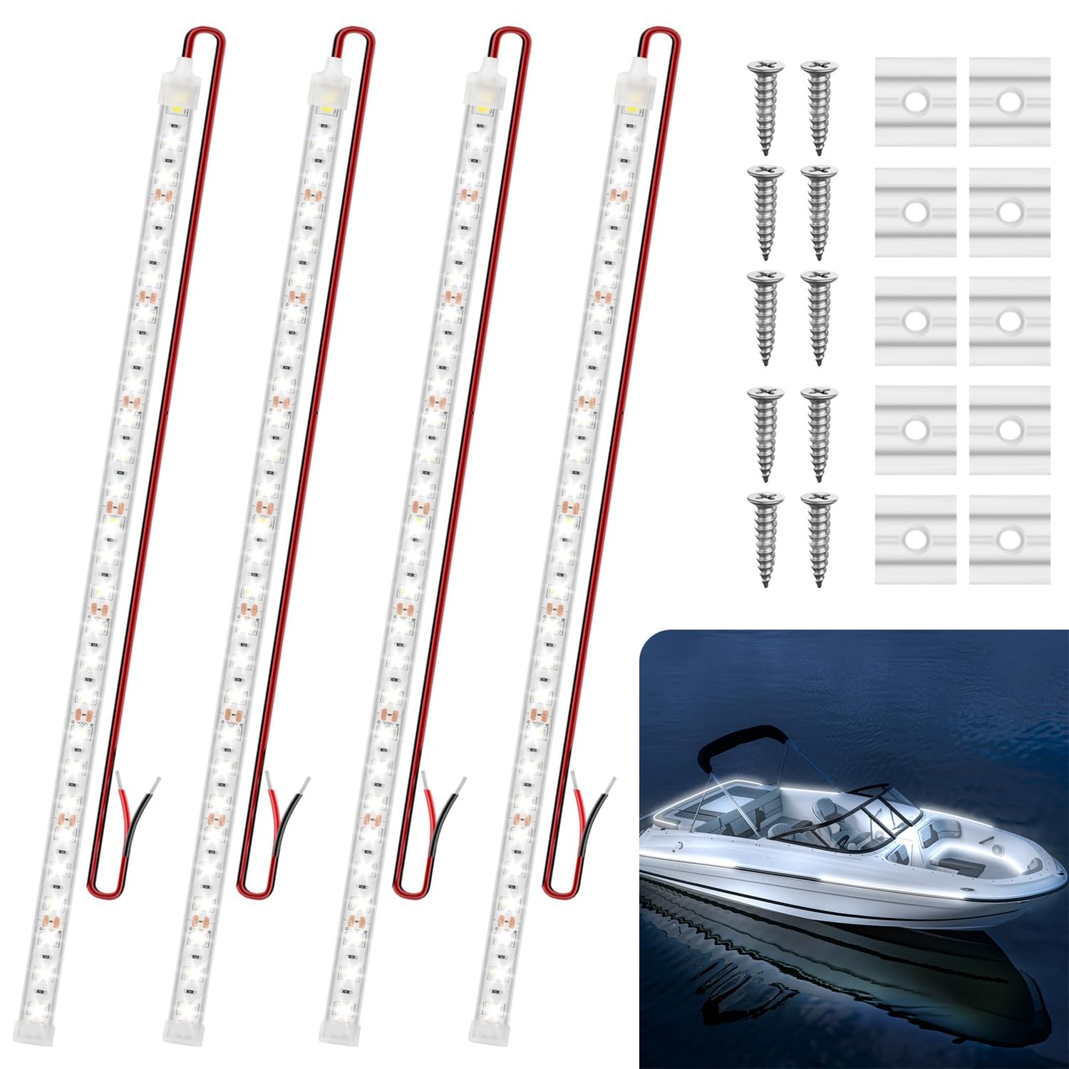 VIDLULTD Boat Marine Submersible Led Band Lights  4 Pcs 20 Inches 12V Super Bright Boat Interior Lights  IP68 Waterproof Marine Led Band Lights Night Fishing Lights for Boats  Kayak (White)