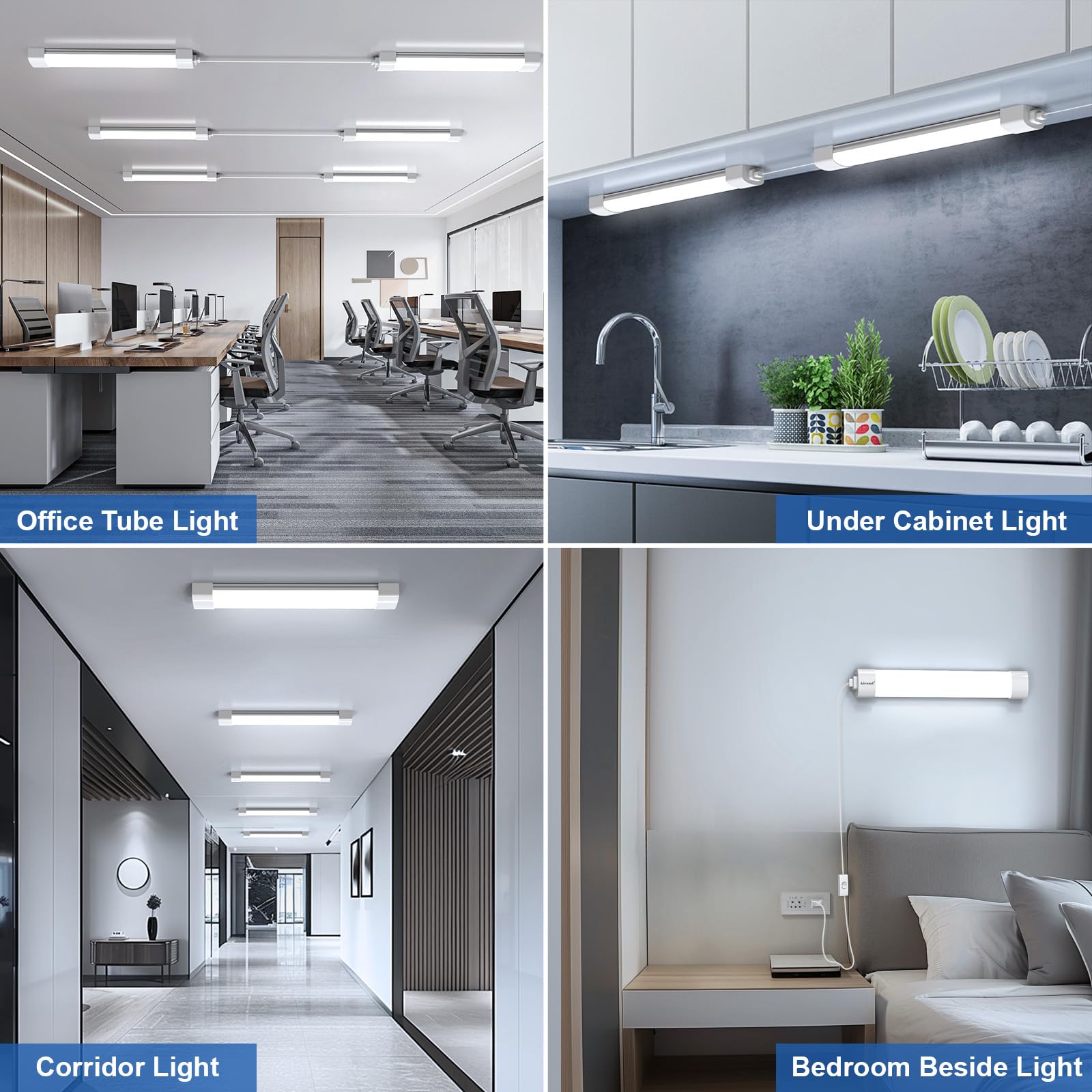 Airand LED Ceiling Light, 16W Plug-in 1.43FT Silver Tube Light, Linkable with NO/Off Switch for Garage, Kitchen, Office