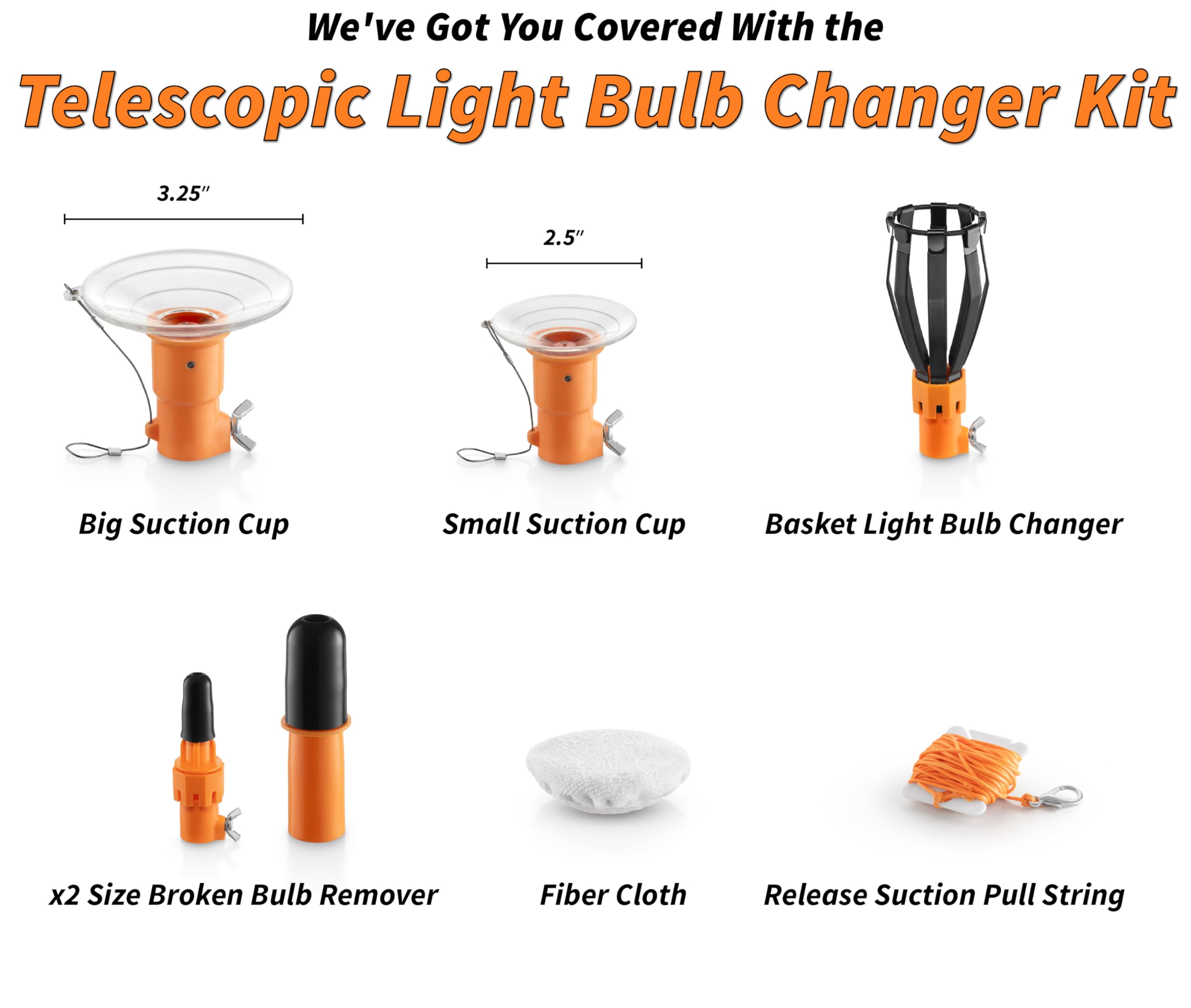 EXTEND-A-REACH 4-12 ft Telescopic Light Bulb Changer - Aluminum Tool with Suction Cups, Basket, Microfiber Cloth, Black and Orange