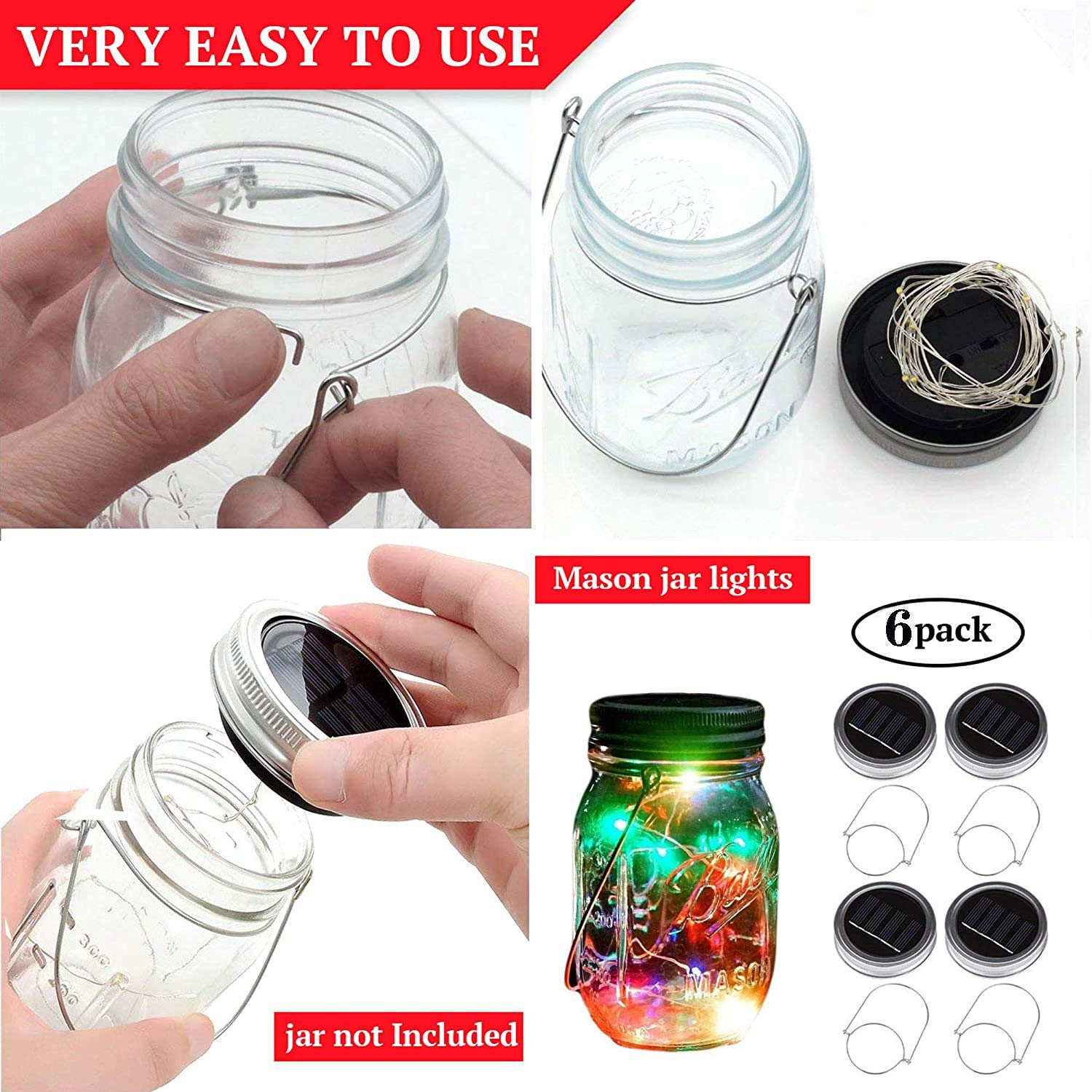 VOOKRY Solar Mason Jar Lights, 30 LED Multicolor Fairy String Lights, Waterproof, Pack of 6 for Outdoor Patio Garden Decoration