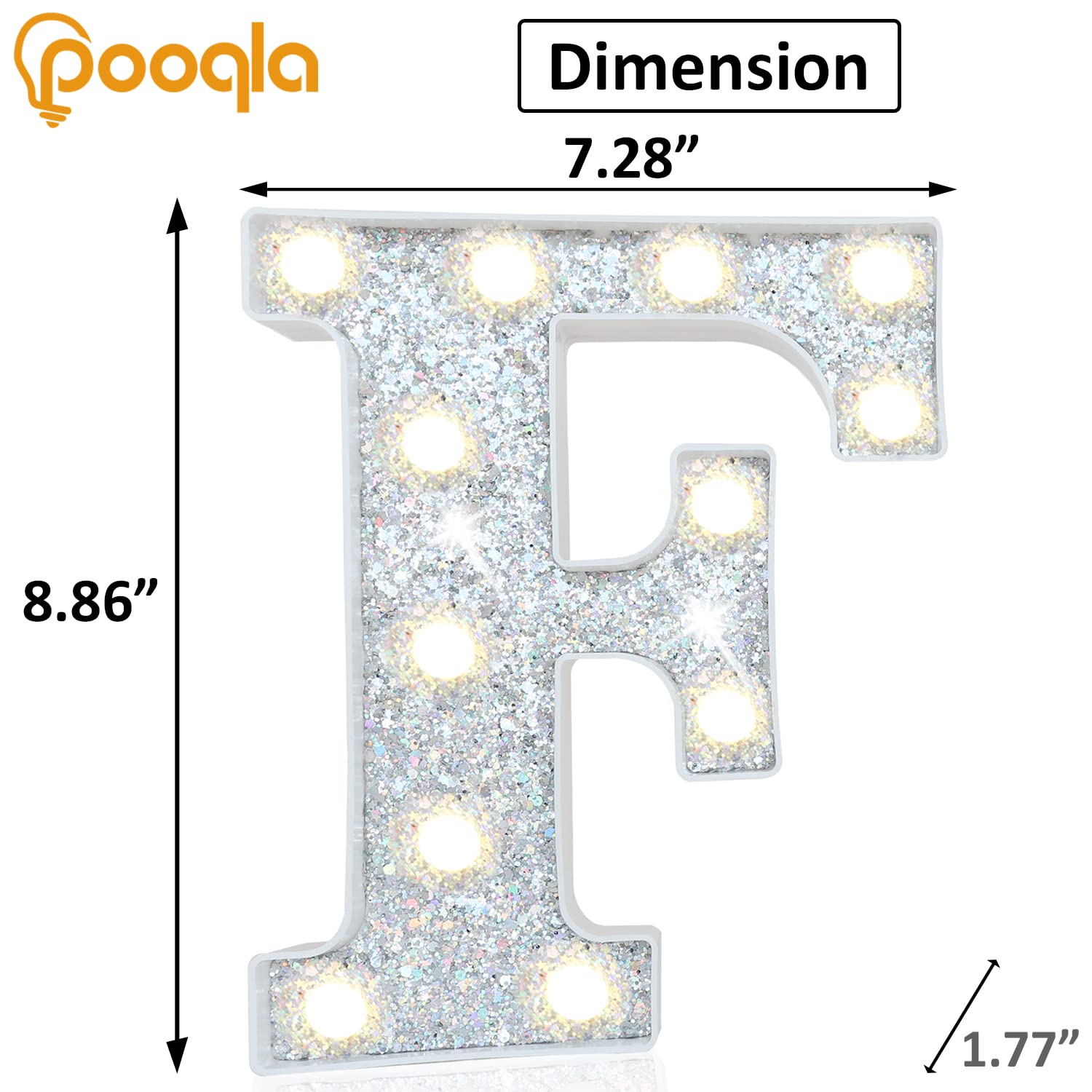 Pooqla LED Marquee Letter Lights, Battery Powered Silver Glitter Alphabet Sign for Parties, Home Decor, Christmas, Sequin Silver