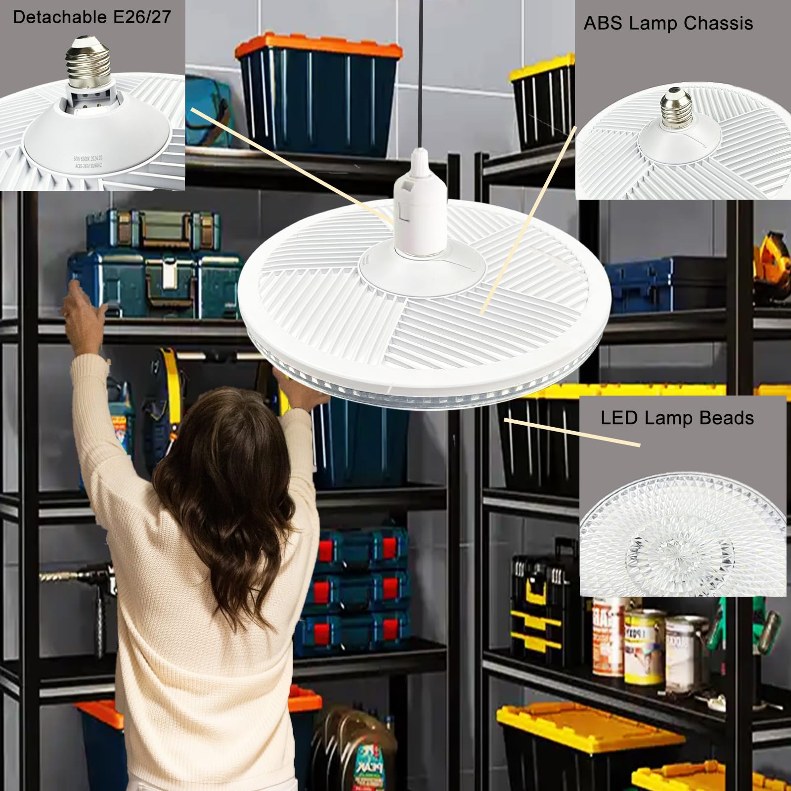 NCBNCB E27 UFO Garage Light Bulb 260W Equivalent 7 Inch 3000LM LED 6500K Daylight White ABS