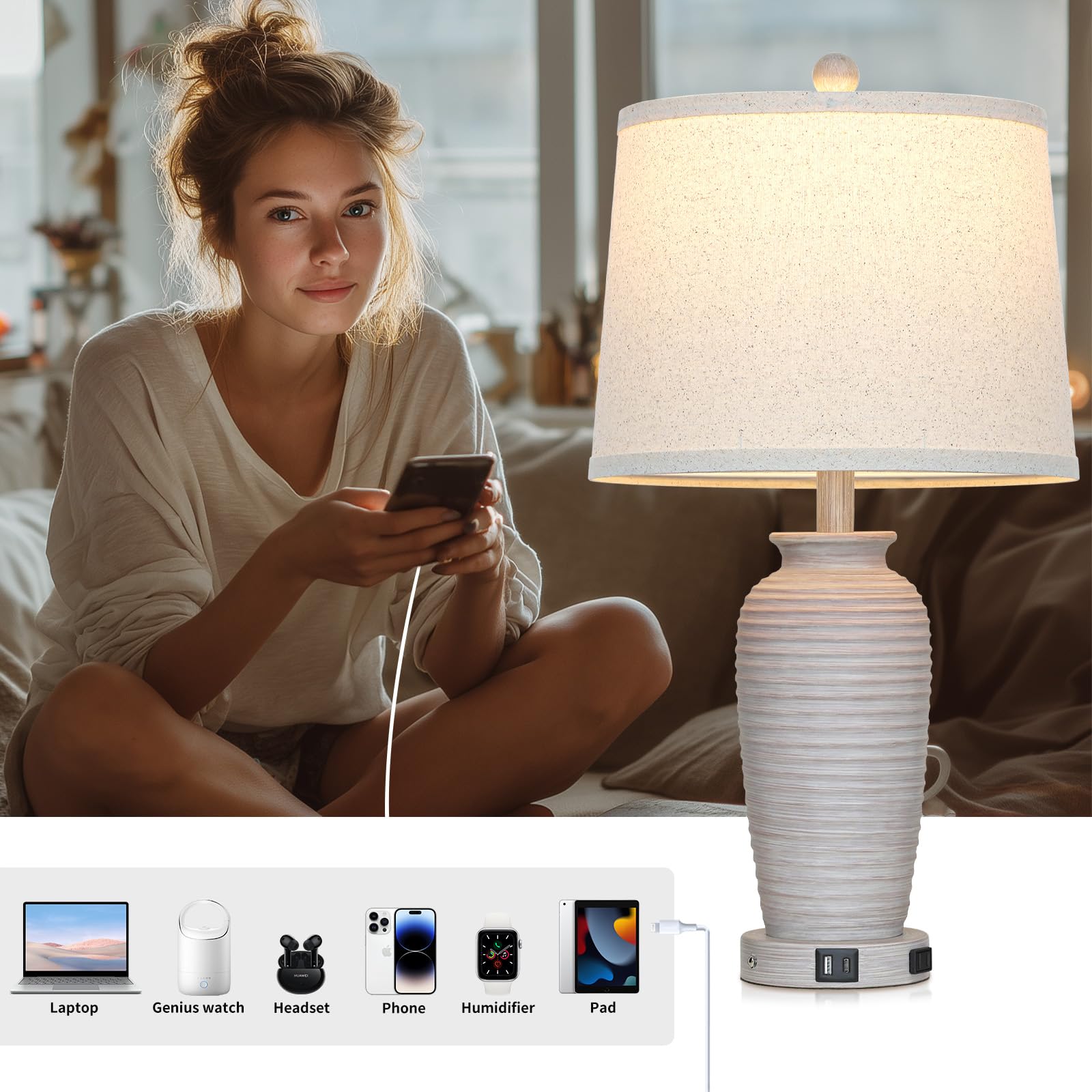 Cinsary 25 Farmhouse Jar Table Lamps, 3 Way Touch Control Rustic Bedside Lamps With Usb A+C Ports & Ac Outlet, Pot Nightstand La
