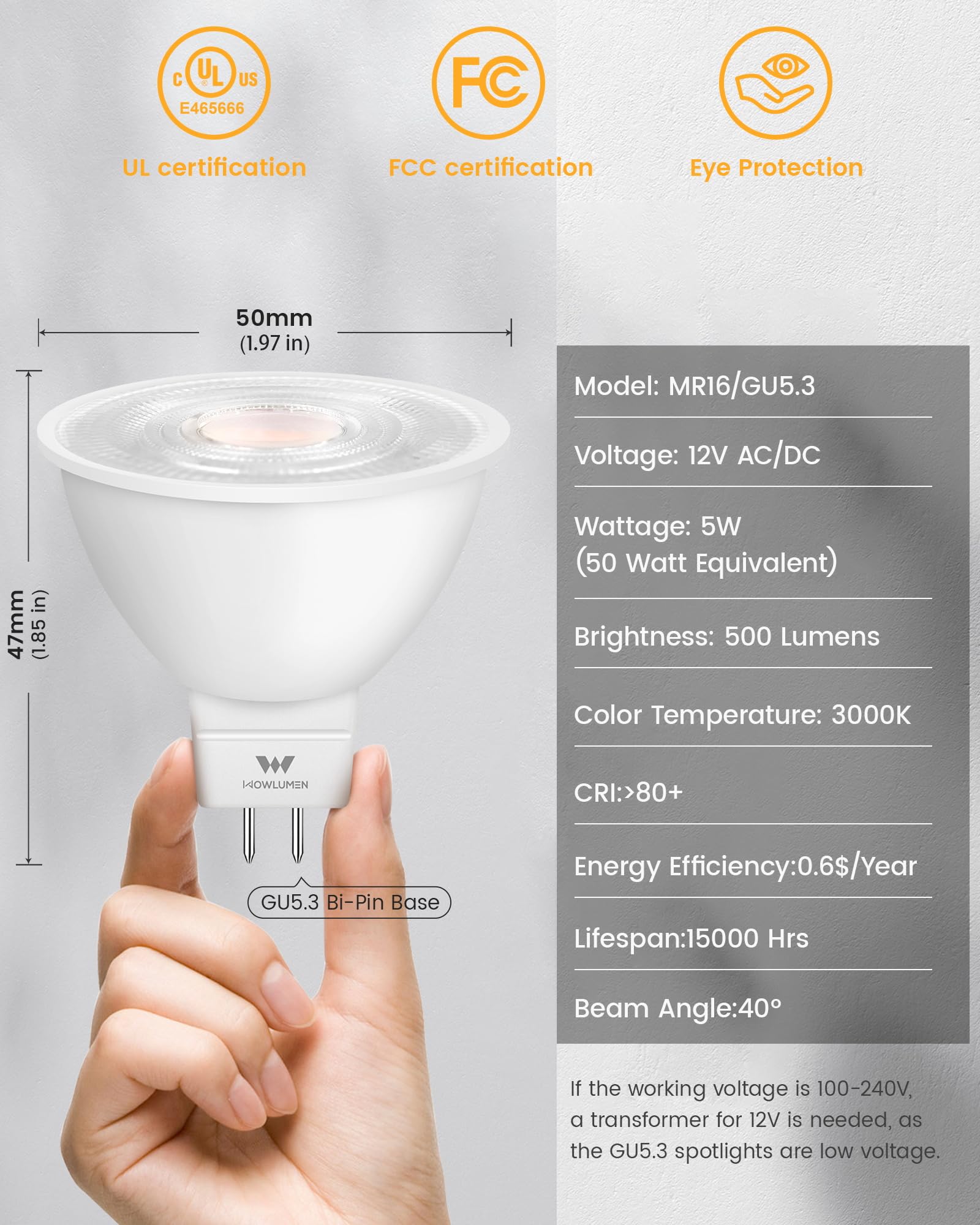 Wowlumen 10 Pack Dimmable Mr16 Led Bulbs, 5W 12V Led Lightbulb, 3000K Warm White, 500 Lumens, Instant On, Gu5.3 Bi-Pin Base, 40