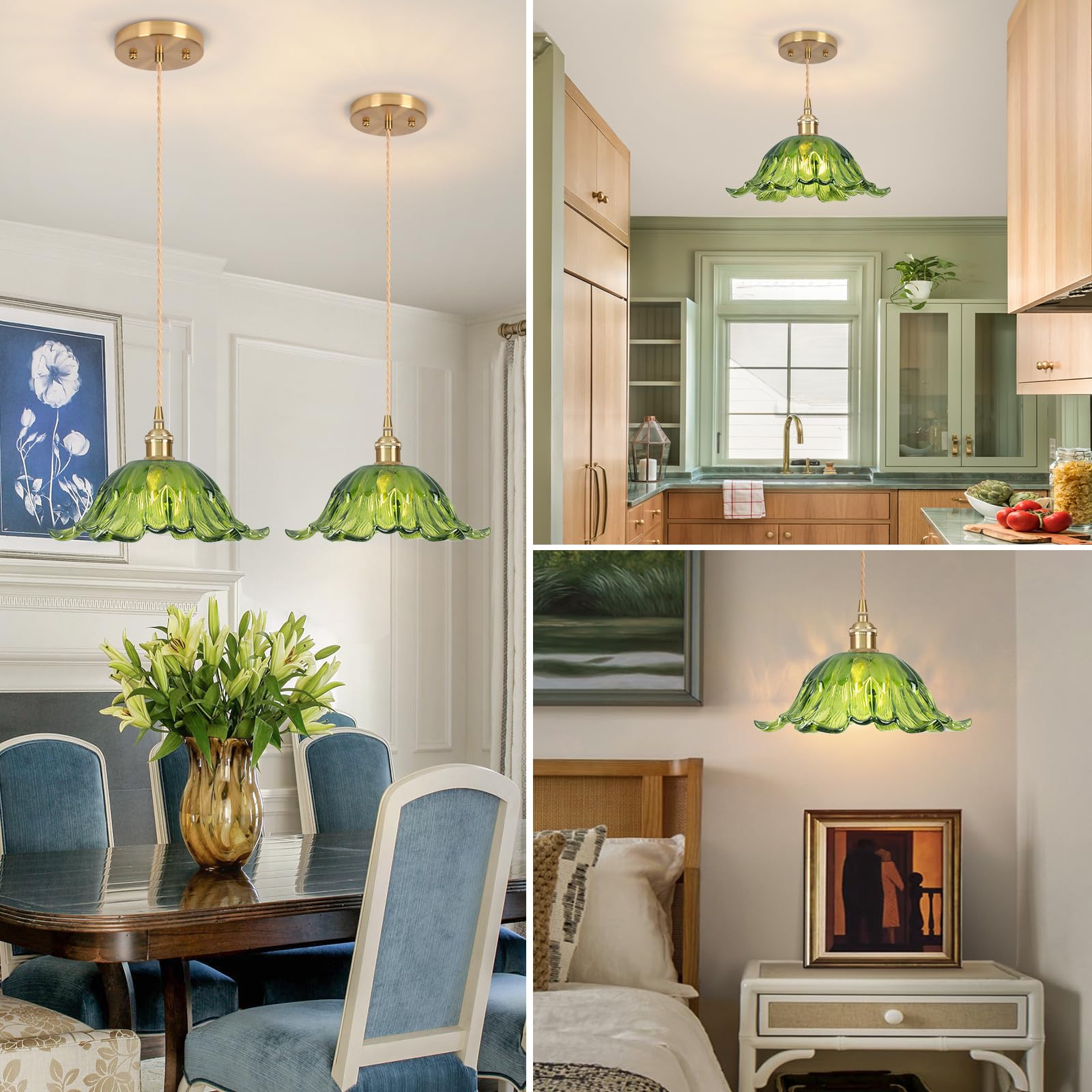 Loiogohot Battery Operated Pendant Light, Green Chandelier, 8.7in, Glass, Remote Control, Model PL-BN1176D-CD-GM