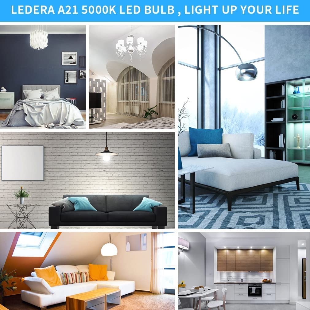 Ledera 150W Led Bulb, 23W Energy Saving, 2500 Lumens, 5000K Cool White, E26 Base, 4 Pack, Non-Dimmable