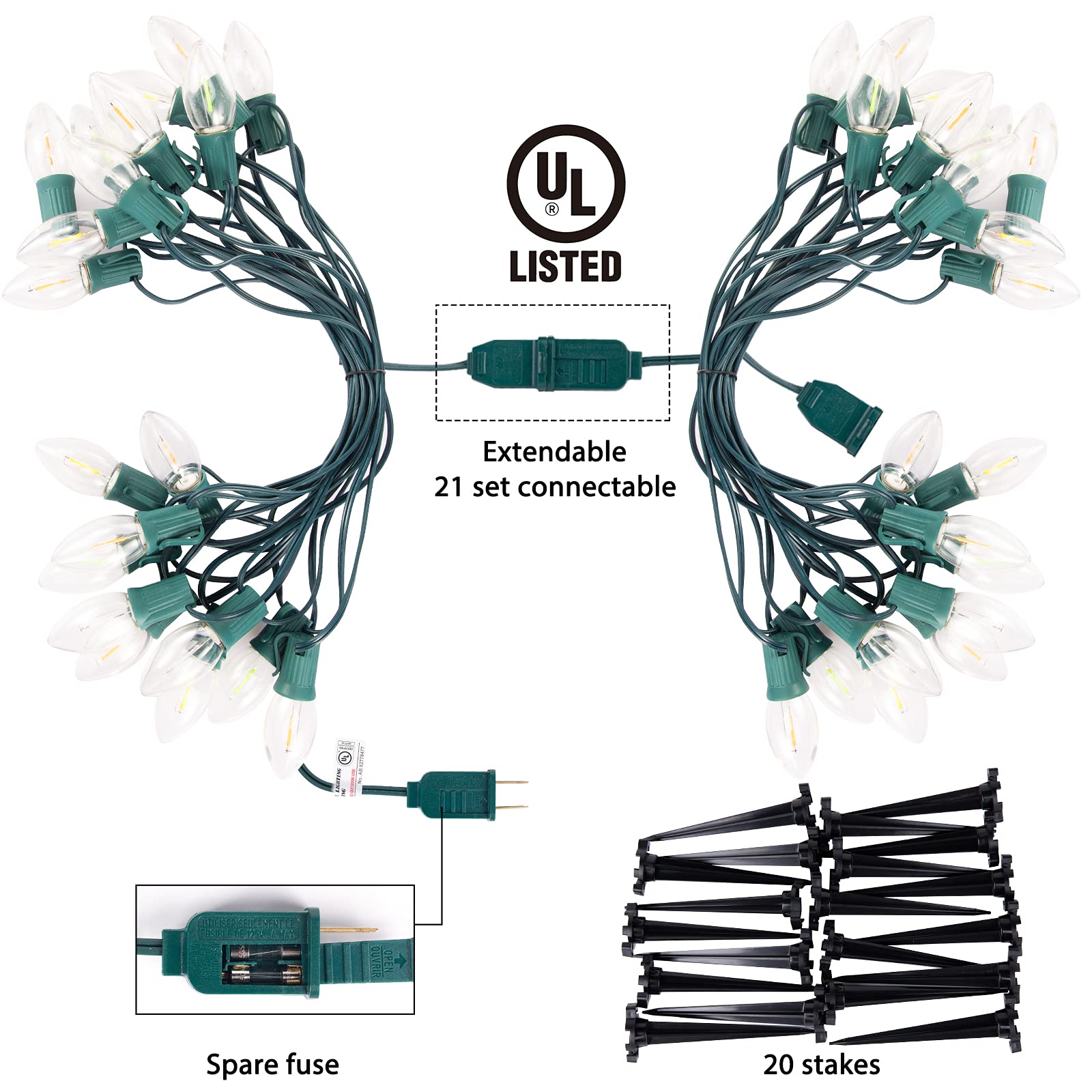 C9 Christmas Pathway String Lights - 2 Pack Total 51.4 Feet 40 Led Lights And 40 Stakes Extendable Waterproof For Outdoor Walkwa