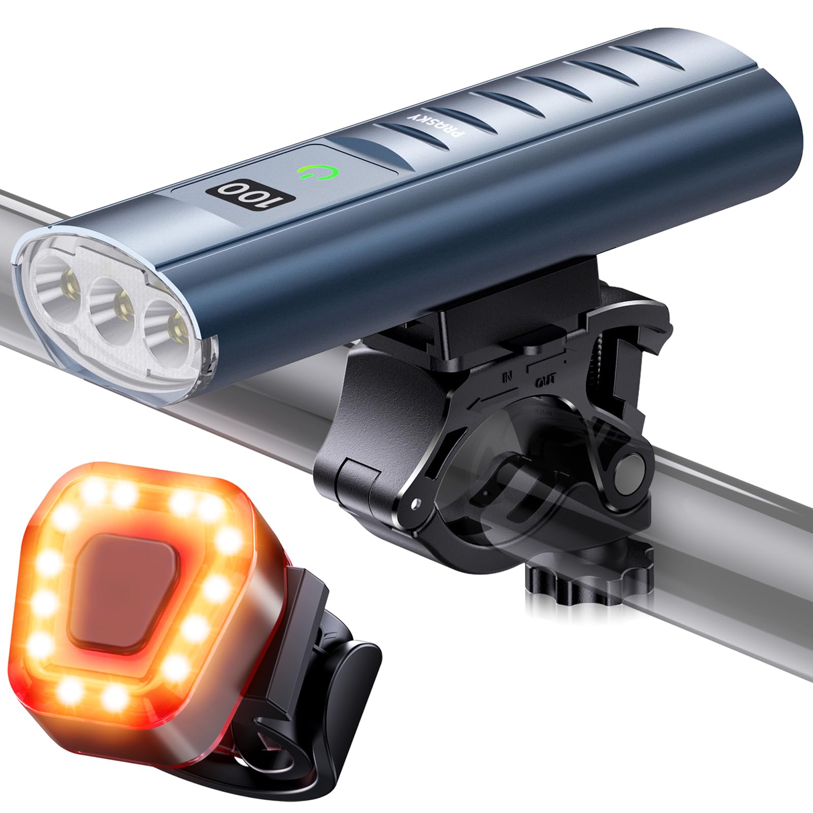 Prasky High Lumen Bike Light Set - Rechargeable LED Headlight & Taillight, IP65 Waterproof, Blue