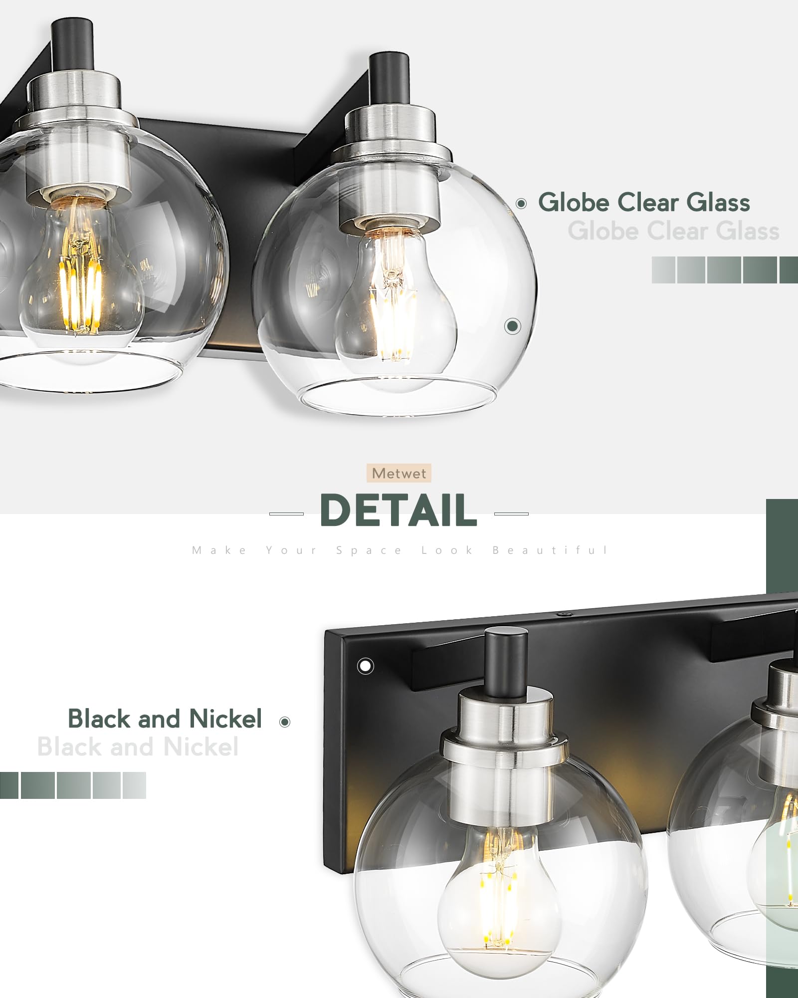 Metwet Bathroom Light Fixtures, 3-Light Black And Brushed Nickel Bathroom Vanity Light, Modern Wall Sconces With Globe Clear Gla