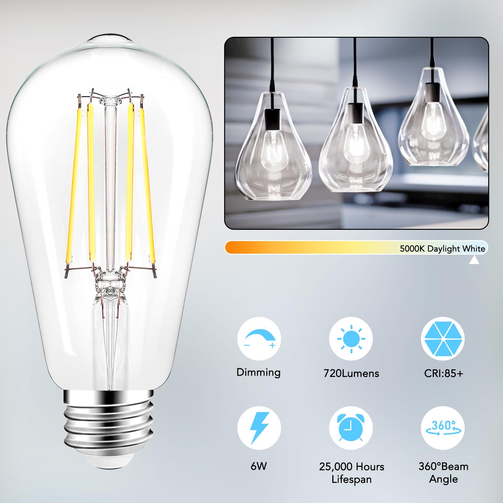 Partphoner Led Light Bulbs Dimmable Vintage Edison Bulb, E26 Led Bulb 60W Equivalent 720 Lumens, Daylight 5000K, St58 Antique Le
