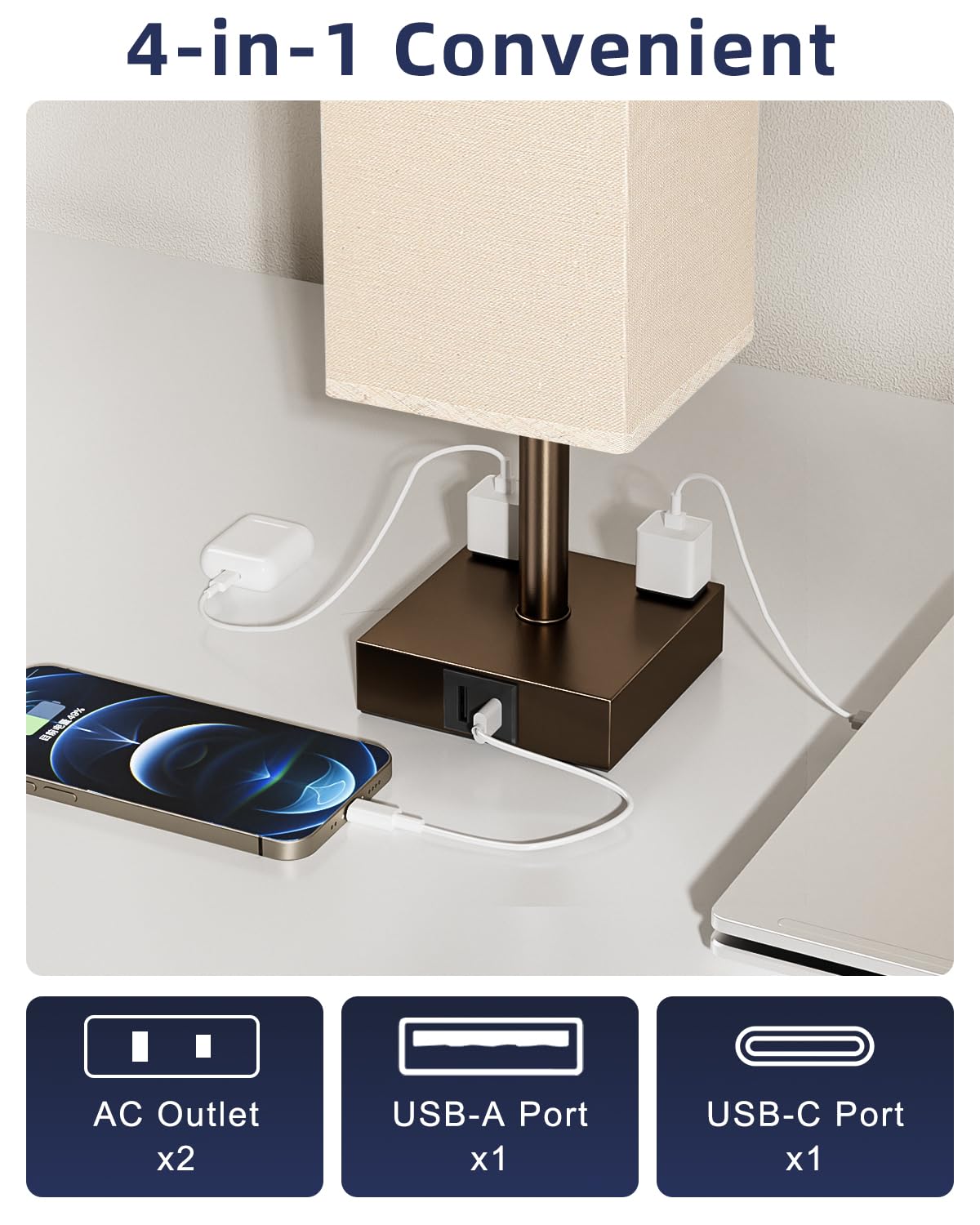Brown Touch Table Lamp - Bedside Lamp With Usb A + Type C Charging Ports And Two Ac Outlets, Small Night Stand With E26 Led Bulb