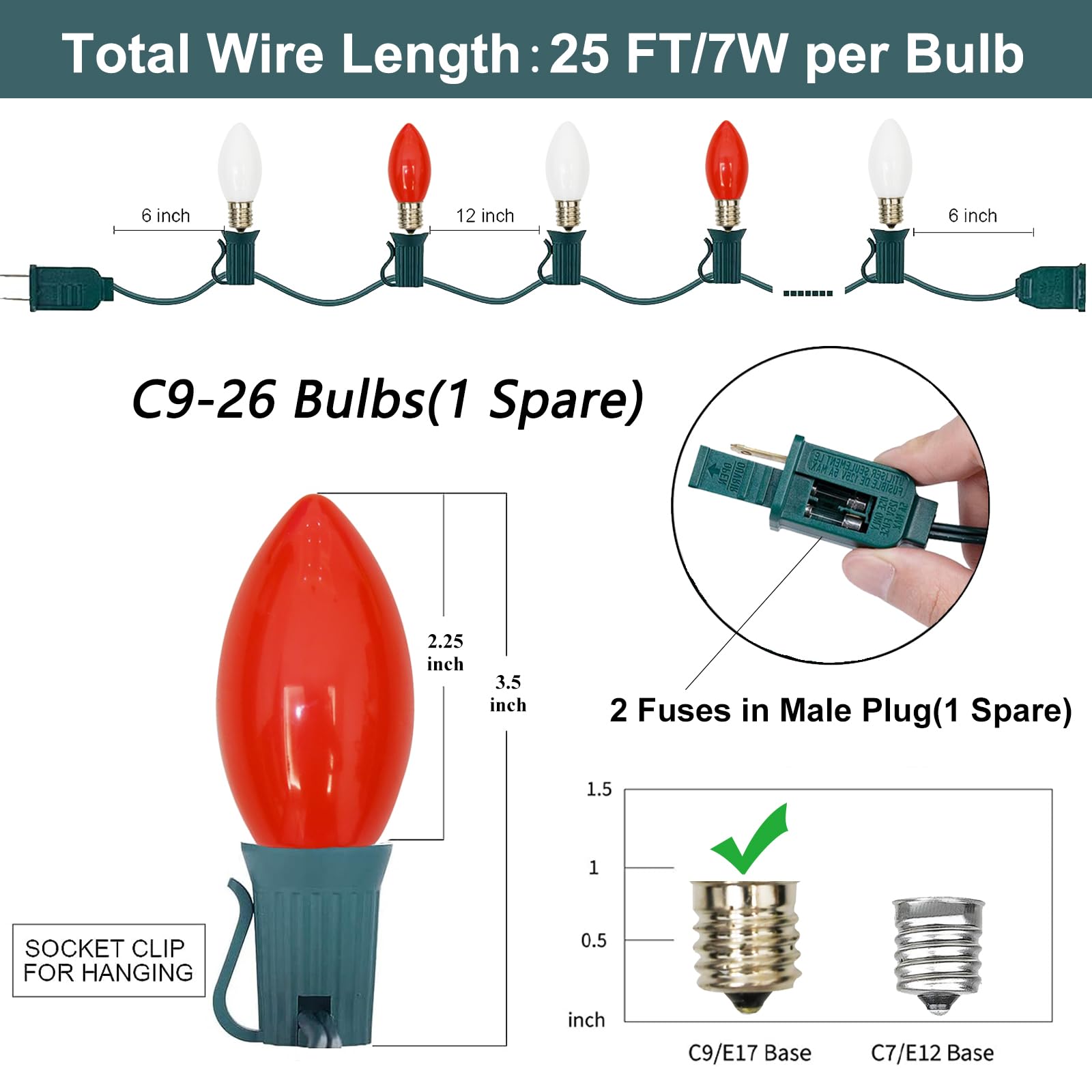 C9 Christmas Outdoor String Lights, 25 Feet Vintage Christmas Tree Lights With 26 7W Red White Glass Bulbs(1 Spare), Connectable