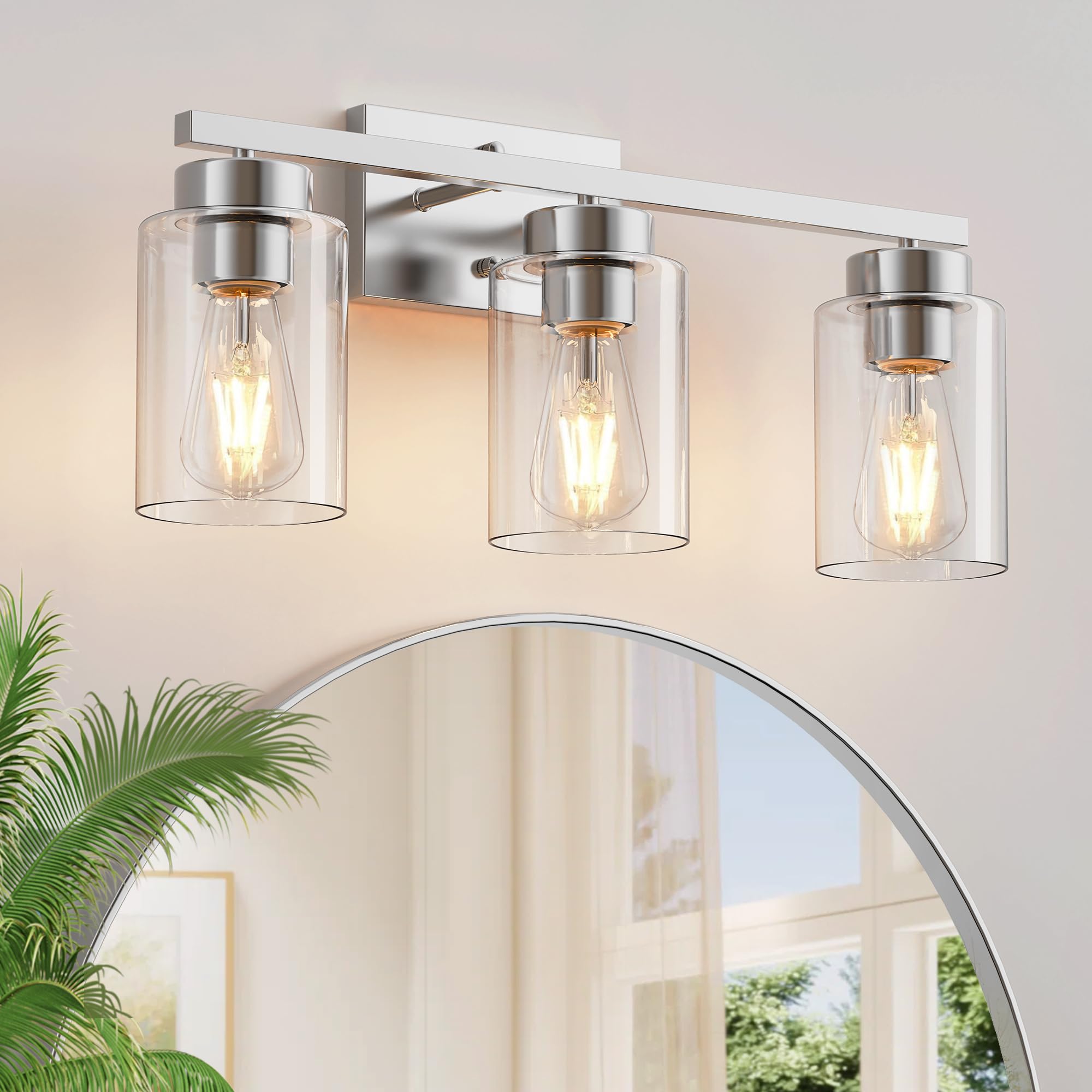 Partphoner 3-Light Bathroom Light Fixtures  Brushed Nickel Vanity Light With Clear Glass Shade  Modern Wall Sconce For Mirror Bedroom Living Room Hallway Lighting