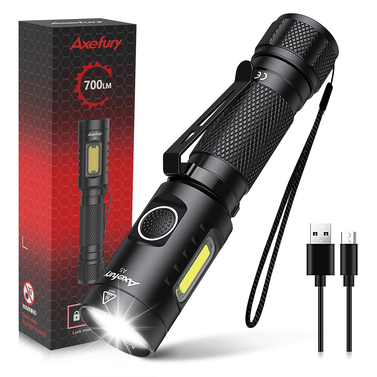 axefury Flashlight, Rechargeable Magnetic LED Flashlight, Tactical Flashlight with Cob workLight,700 lumens,6 Modes,Flashlight W