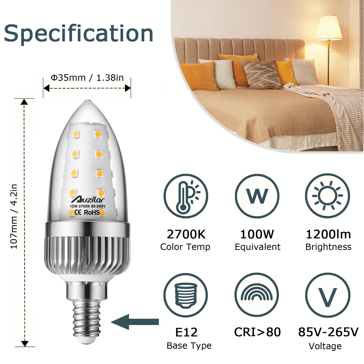 Auzilar E12 Led Candelabra Bulbs, 12W 100W Equivalent, 1200Lm, Warm White Ceiling Fan Light Bulbs, Decorative Candle Base Non-Di
